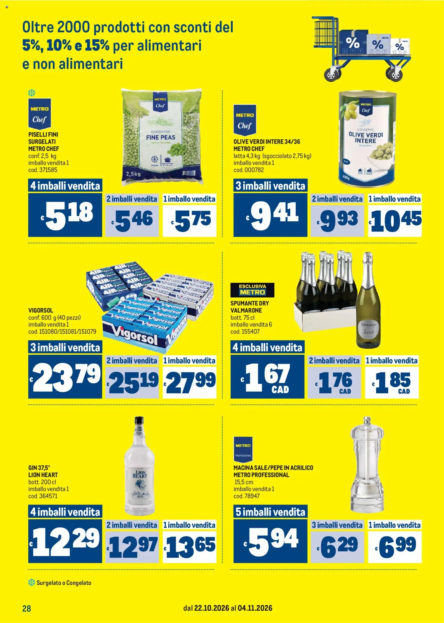 Volantino Metro del 22/10/2026 | Pagina: 28 | Prodotti: Gin, Olive, Piselli, Conserve