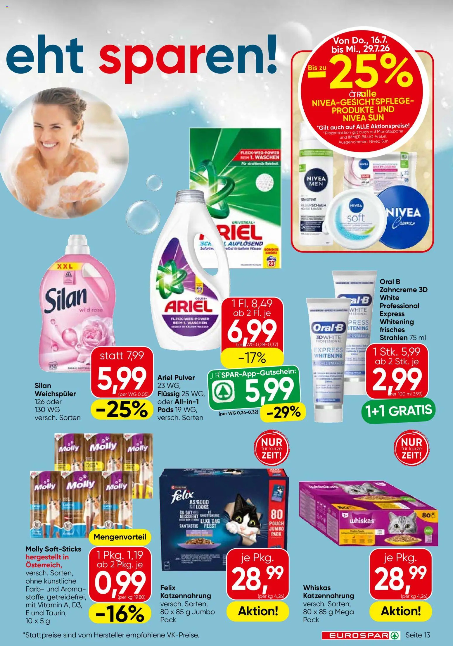 Eurospar Flugblatt gültig ab 16.07.2026 | Seite: 13 | Produkte: Bein, Creme, Rasierschaum, Weichspüler