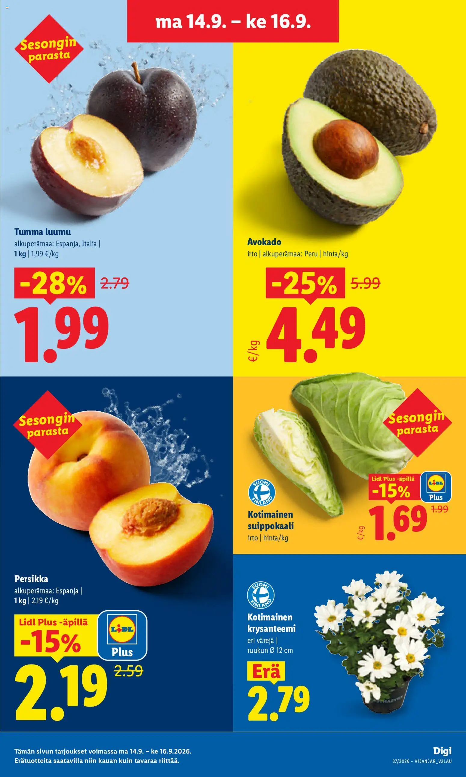 Lidl tarjoukset - Tampere – voimassa 14/09/2026 alkaen | Sivu: 3 | Tuotteet: Luumu, Avokado, Persikka