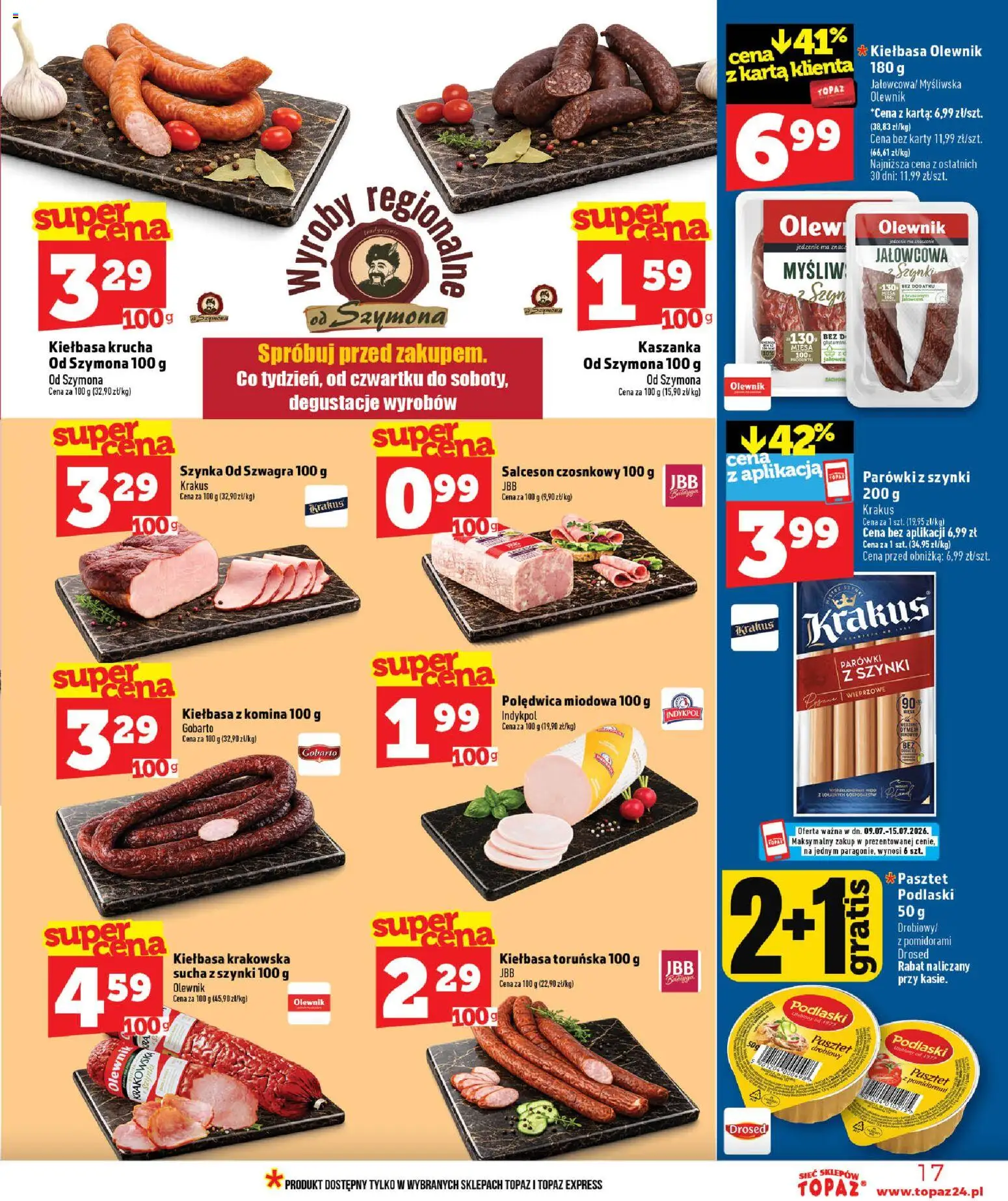 Topaz gazetka od 09.07.2026 | Strona: 17 | Produkty: Karta, Myśliwska, Parówki, Szynka