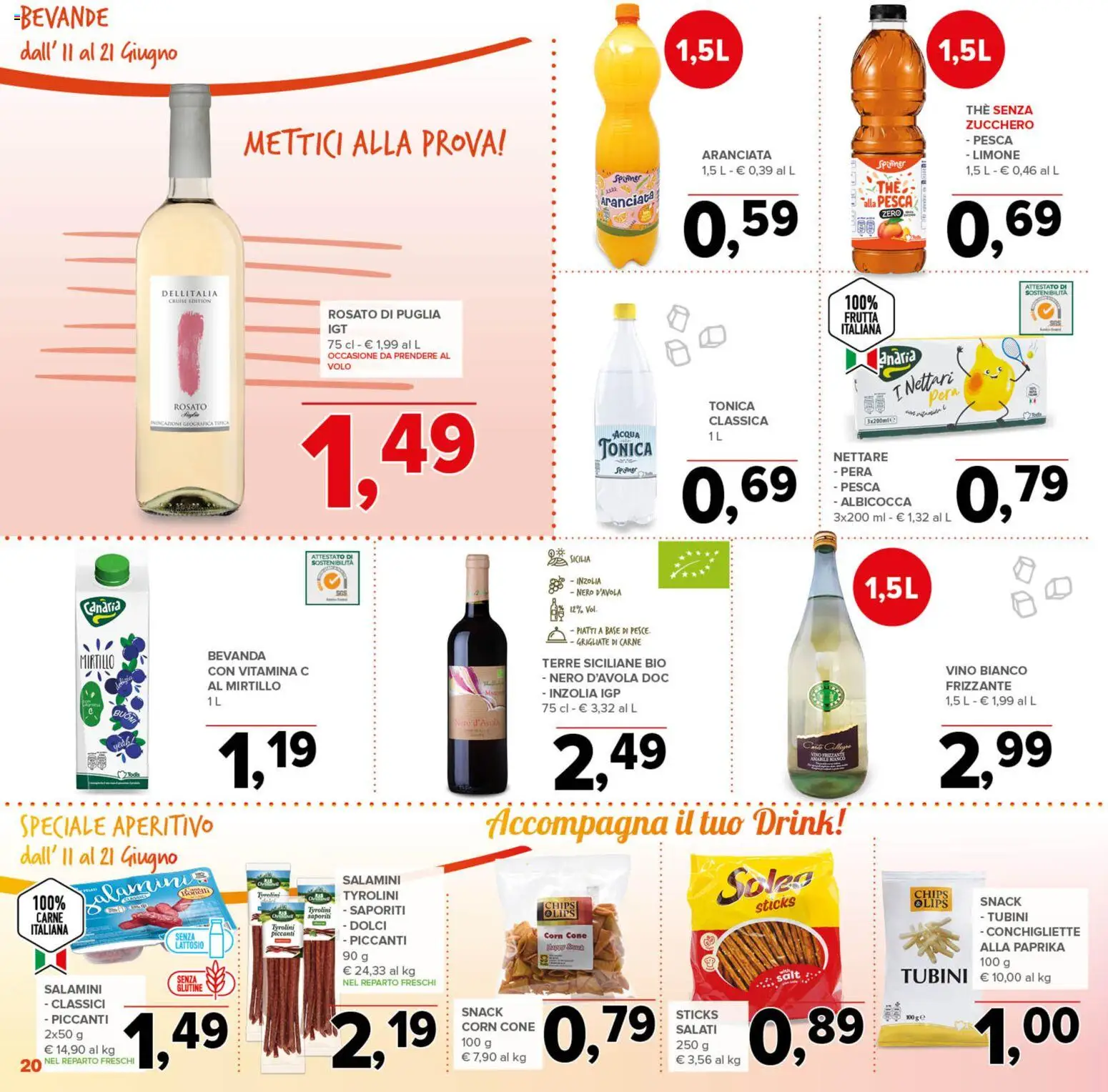 Volantino Todis del 11.06.2026 | Pagina: 20 | Prodotti: Acqua tonica, Acqua, Pesca, Aperitivo