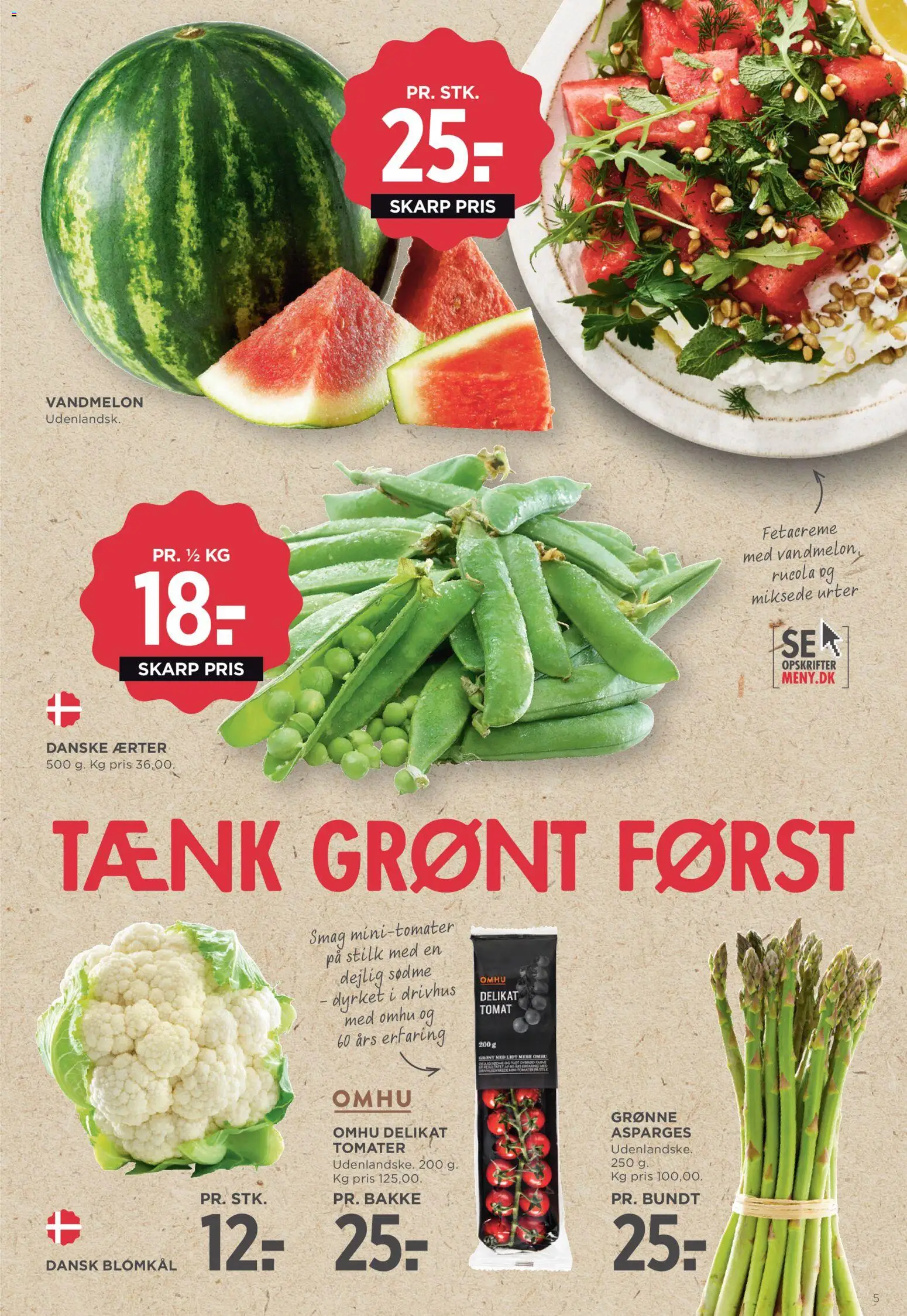 Meny tilbudsavis – gyldig fra 24/07/2026 | Side: 5 | Produkter: Vandmelon, Blomkål, Ærter, Asparges