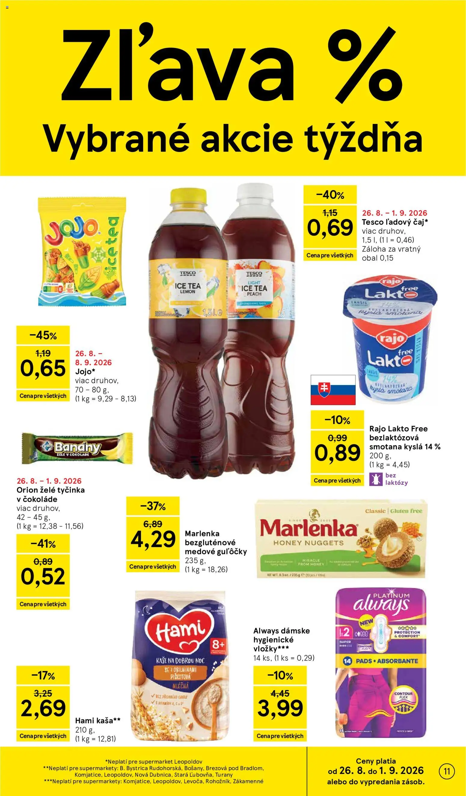 Nové Tesco akcie – leták je platný od 26.08.2026 | Strana: 11 | Produkty: Smotana, Ice Tea, Marlenka, Kaša