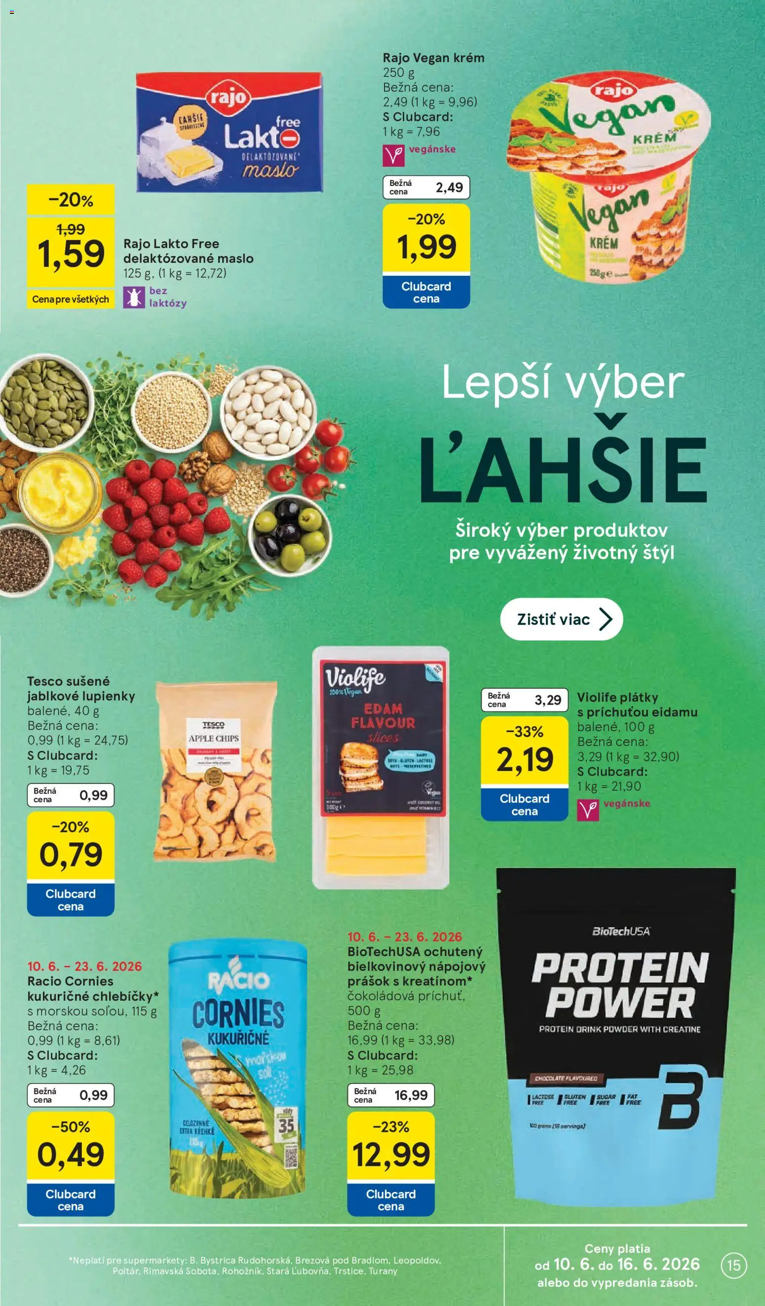 Nové Tesco akcie – leták je platný od 10.06.2026 | Strana: 15 | Produkty: Maslo, Protein, Apple, Krém