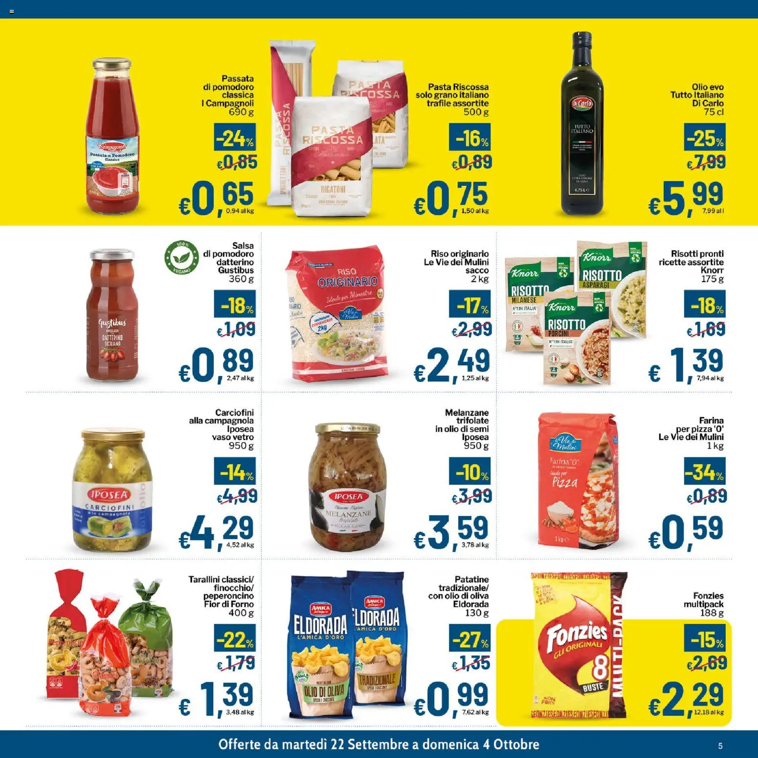 Volantino Qui Discount del 22/09/2026 | Pagina: 5 | Prodotti: Pizza, Patatine, Asparagi, Olio di Oliva