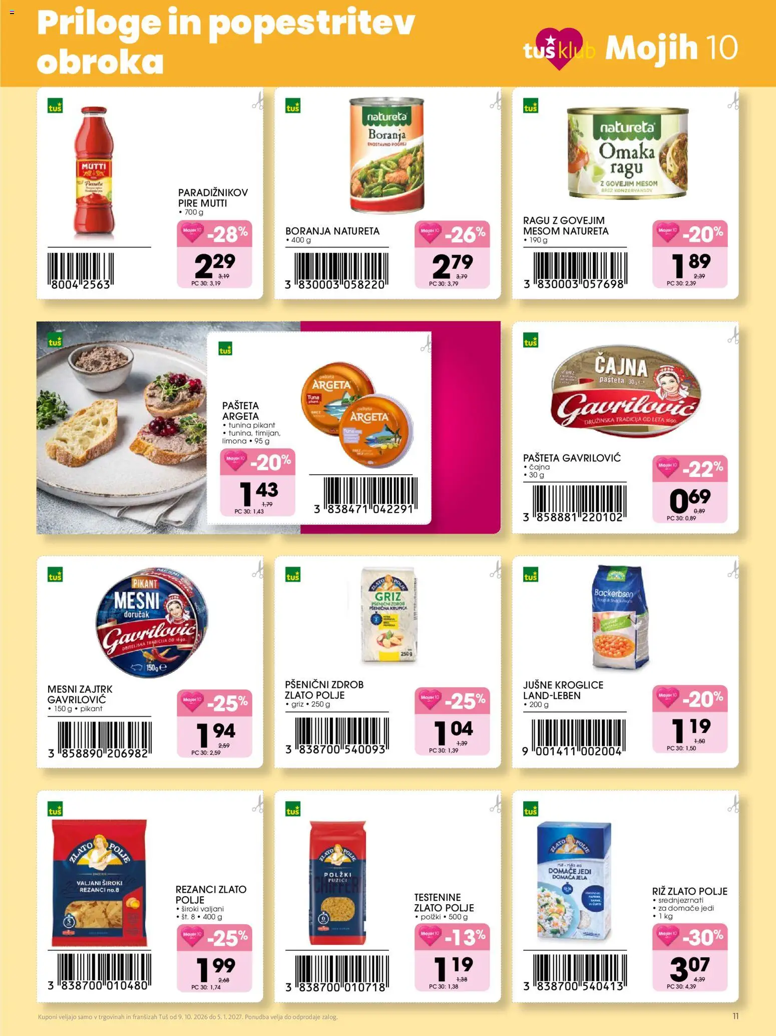 Novi Tuš katalog ponudbe – veljaven od 09.10.2026 | Stran: 11 | Izdelki: Pašteta, Riz, Testenine, Pšenični zdrob