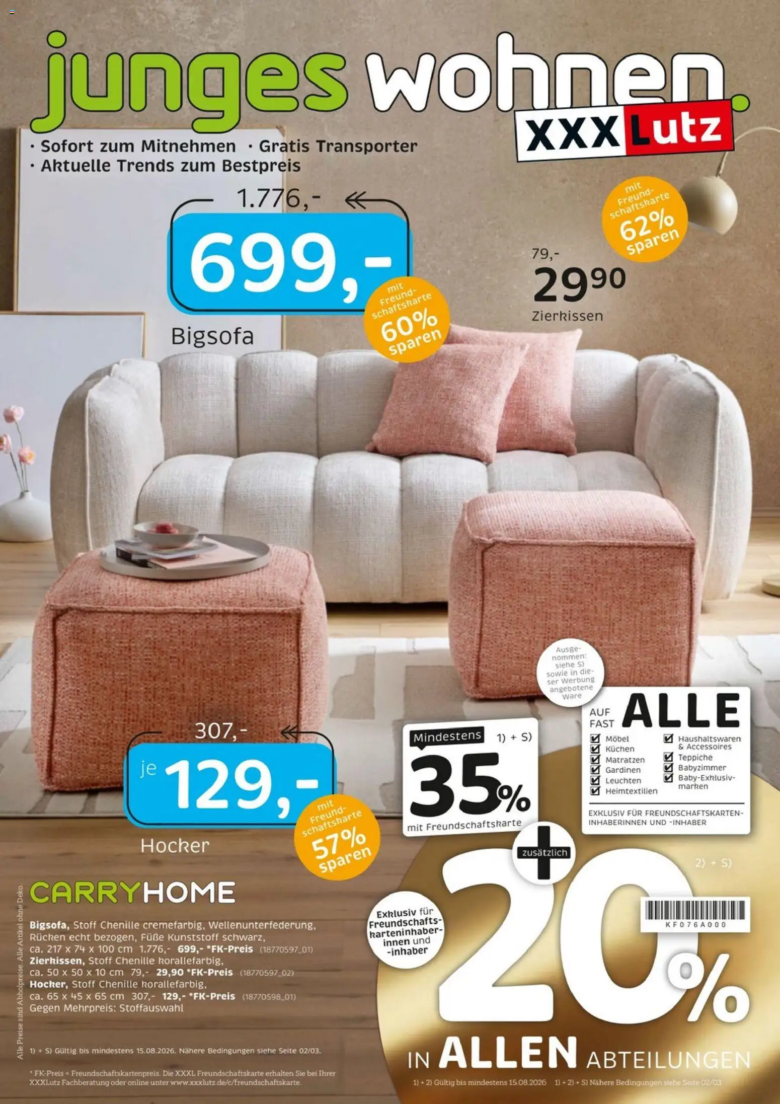 XXXLutz Junges Wohnen – gültig ab 01.08.2026 | Seite: 1 | Produkte: Bigsofa, Hocker, Kuchen
