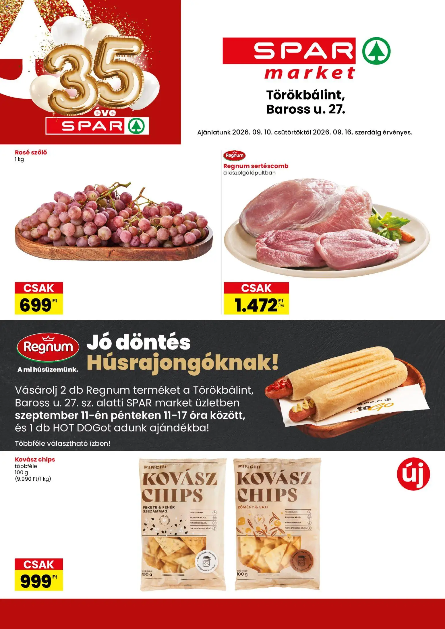 Spar Market akciós ujság - amely érvényes a következő dátumtól: 2026.09.10. | Oldal: 1 | Termékek: Chips, Sertéscomb, Óra, Rosé