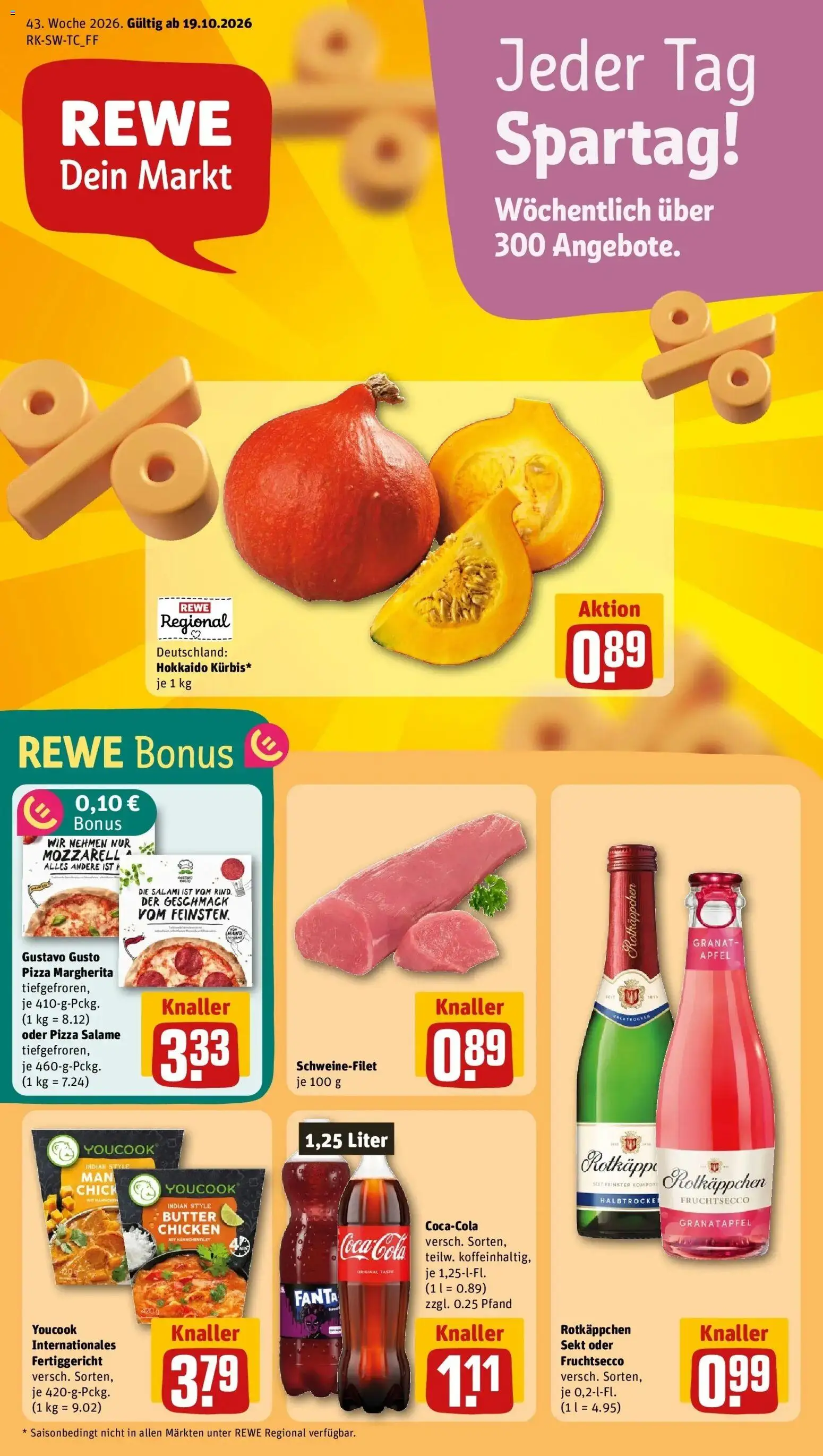 REWE Prospekt ab 19.10.2026 zum Blättern » Angebote | Seite: 1 | Produkte: Youcook, Äpfel, Schweinefilet, Salami