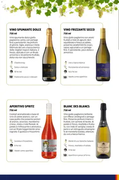 Anteprima del volantino VINO SPUMANTE DOLCE, Vino spumante dolce giallo paglierino carico, con perlage fine e persistente. Ha profumi di glicine, tiglio, arancia e miele. Ottenuto da uve a bacca bianca delle migliori regioni italiane, è fresco, delicato e con un finale armonico e lievemente fruttato, dolce ma non stucchevole. valido a partire dal 12/01/2026 | Pagina: 59