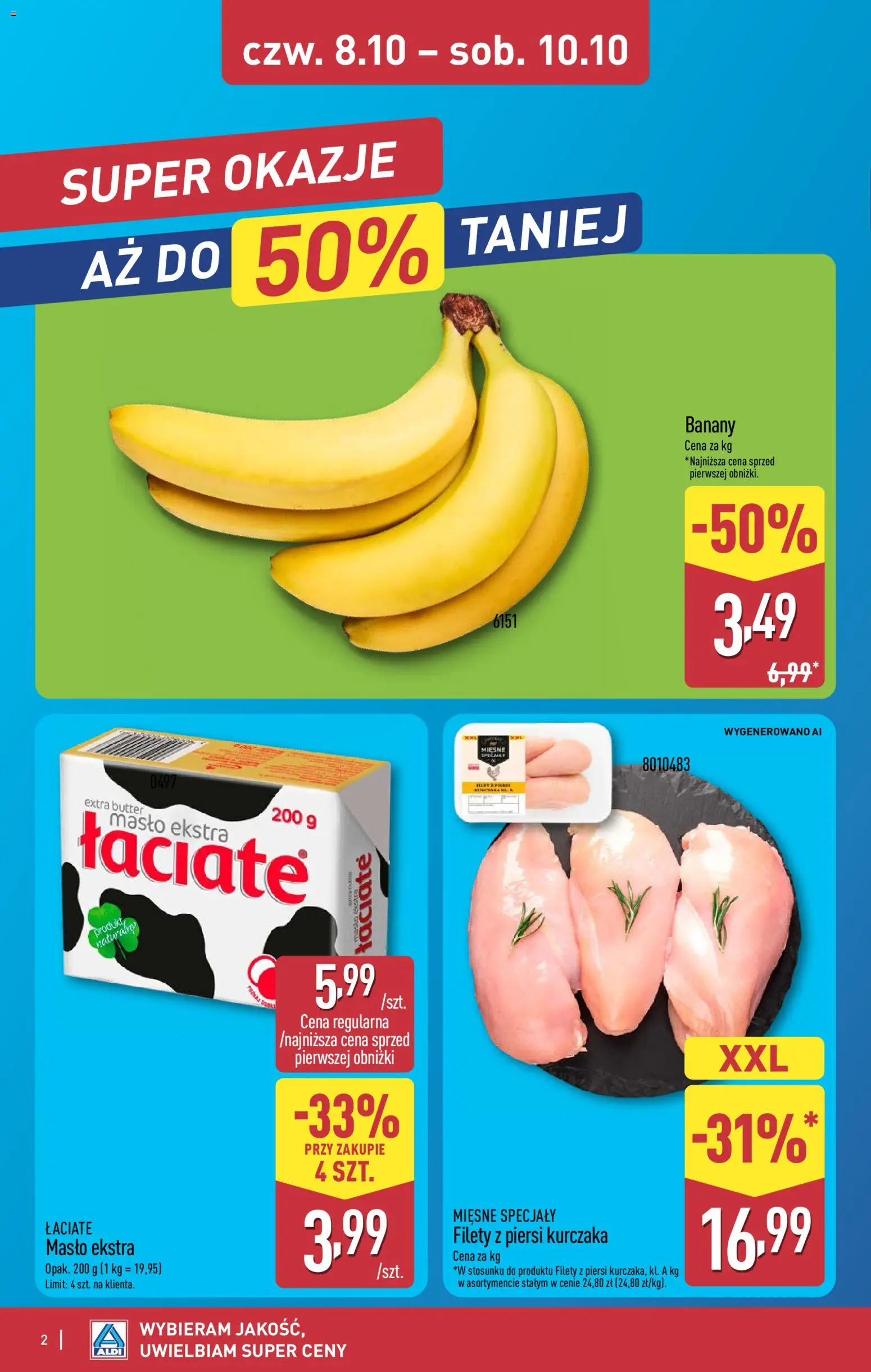 Aldi gazetka - Oferta weekendowa od 08.10.2026 | Strona: 2 | Produkty: Specjały, Filety z piersi kurczaka, Masło, Banany