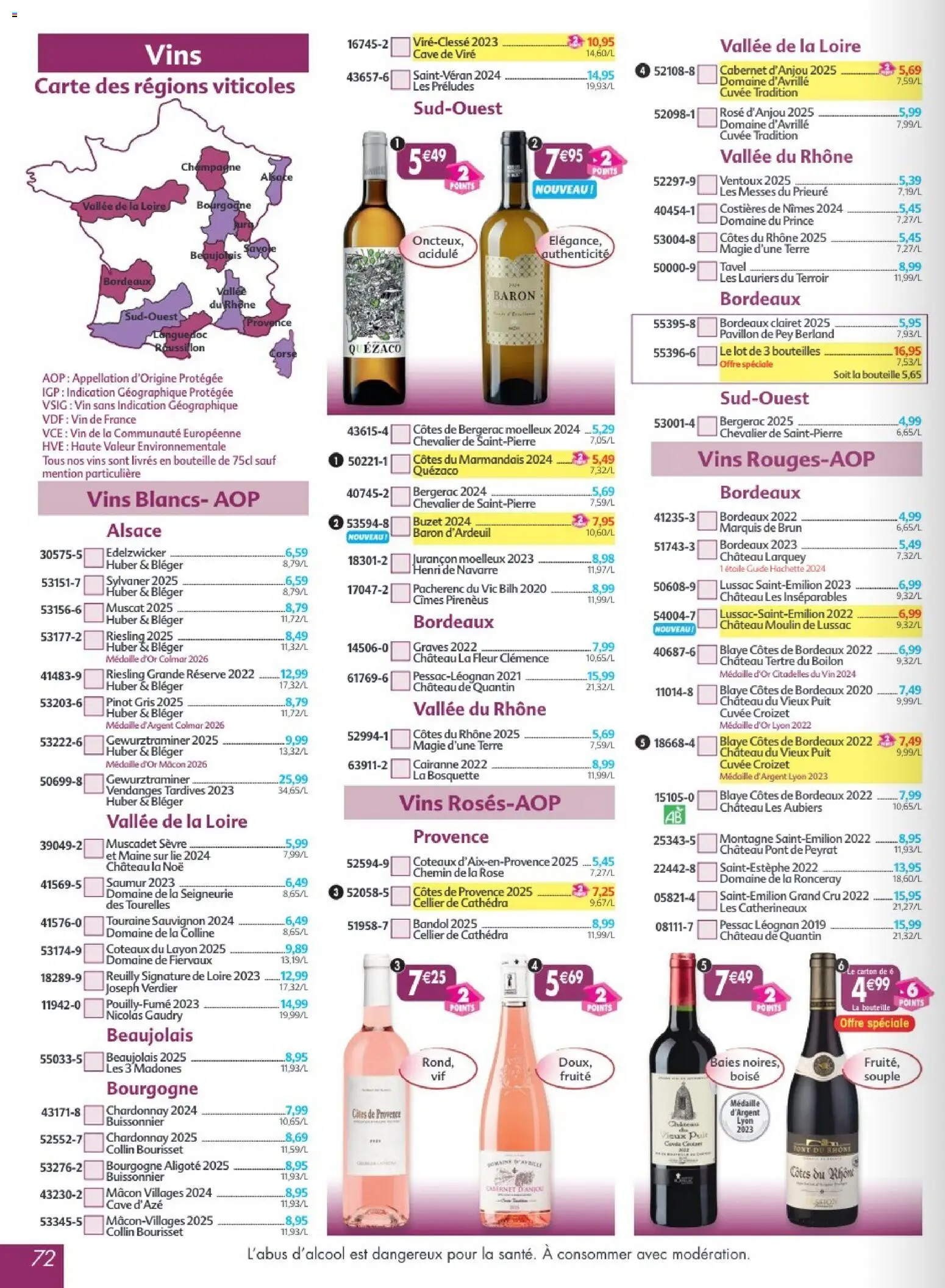 {H1} | Page: 72 | Produits: Blaye côtes de Bordeaux, Gewurztraminer, Pinot gris, Bouteille