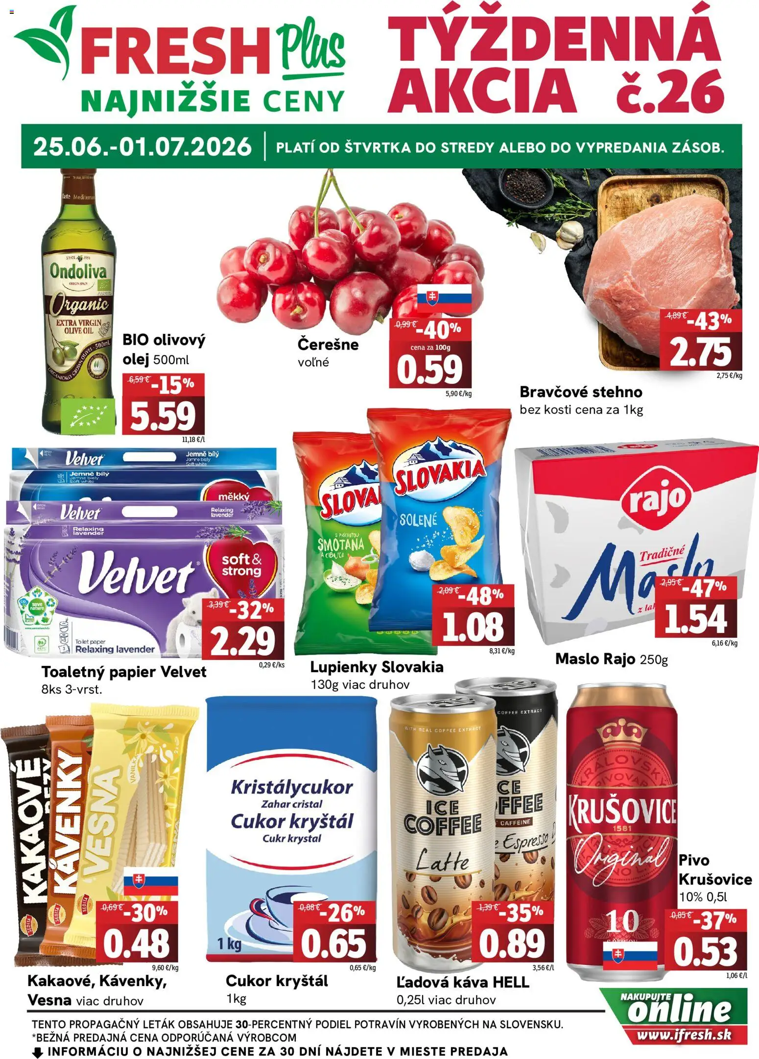 Nové Fresh akcie – leták je platný od 25.06.2026 | Strana: 1 | Produkty: Káva, Smotana, Bravčové stehno, Toaletný papier