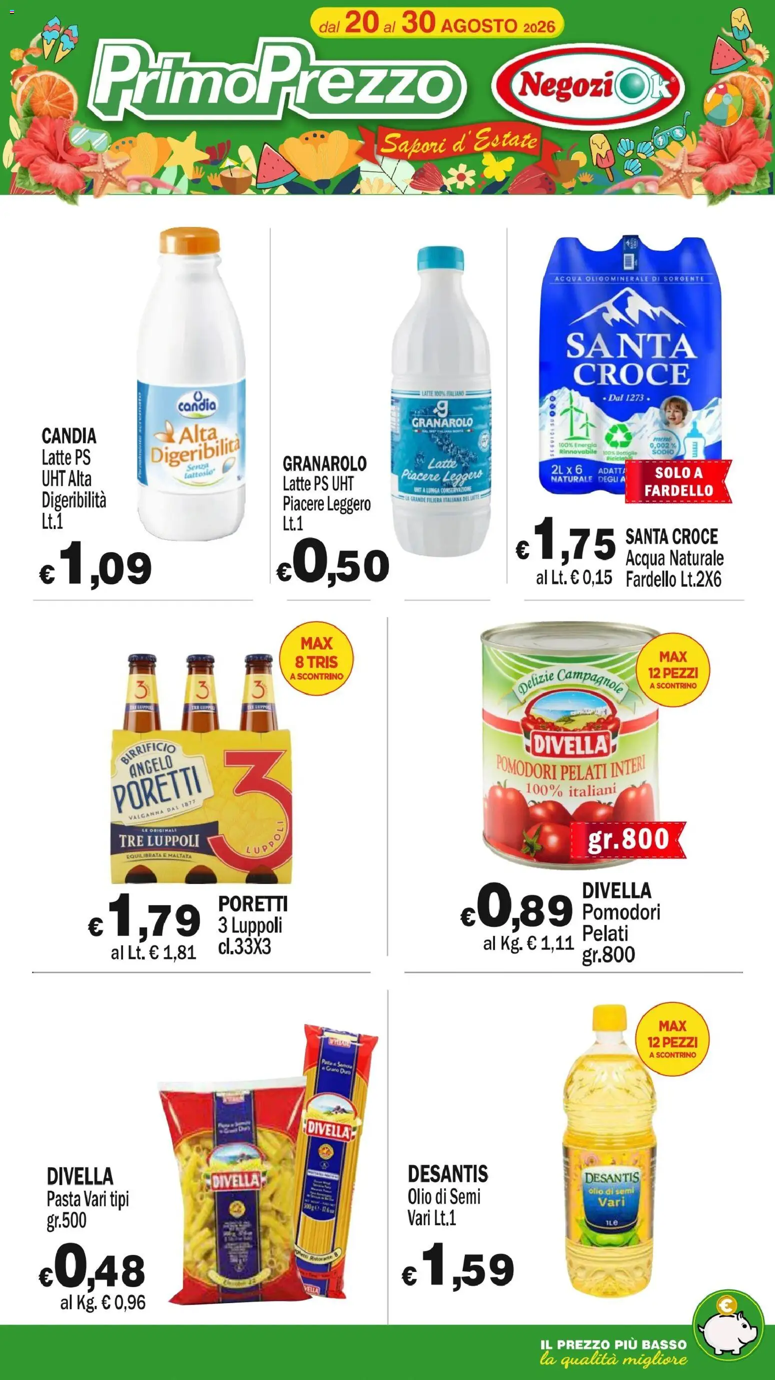 Volantino Primo Prezzo del 20/08/2026 | Pagina: 1 | Prodotti: Acqua, Latte, The, Basso