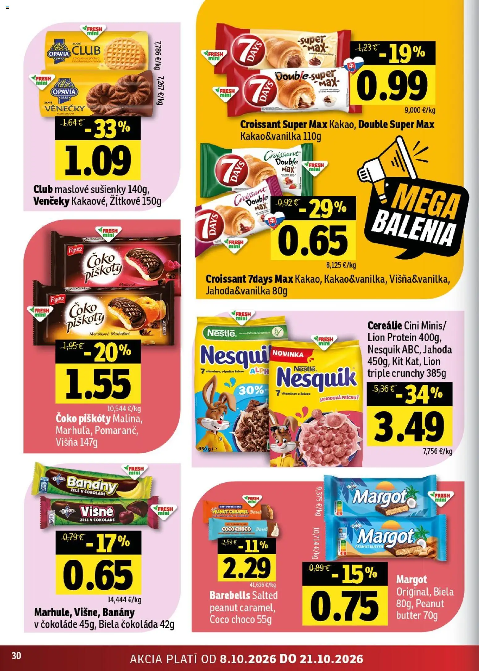Nové Fresh akcie – leták je platný od 08.10.2026 | Strana: 30 | Produkty: Venčeky, Croissant, Protein, Cereálie
