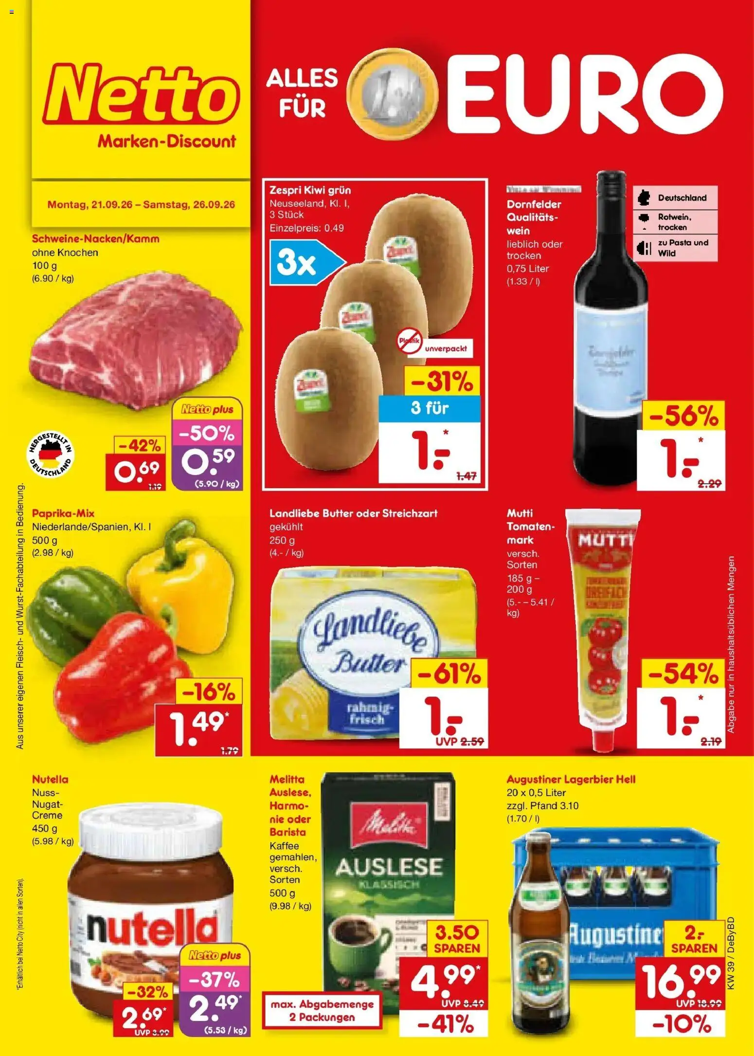 Netto Marken-Discount Prospekt Buttenwiesen – gültig ab 21.09.2026 | Seite: 1 | Produkte: Landliebe butter, Creme, Pasta, Fleisch