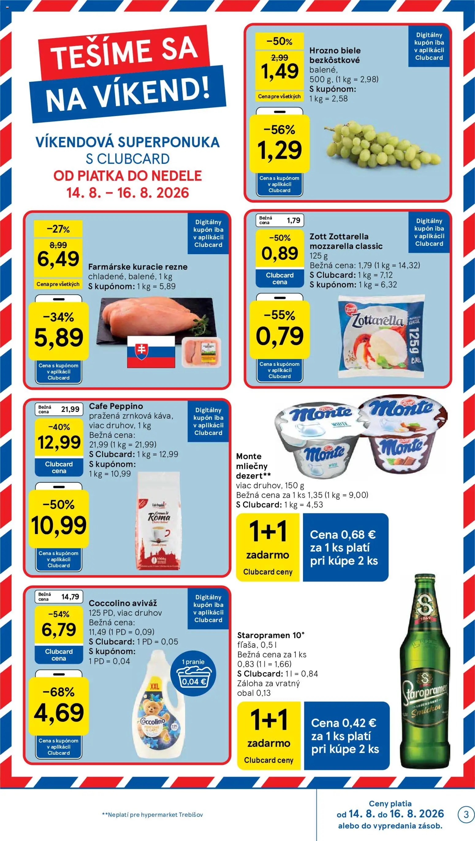 Nové Tesco akcie – leták je platný od 12.08.2026 | Strana: 3 | Produkty: Aviváž, Staropramen, Dezert, Rezne
