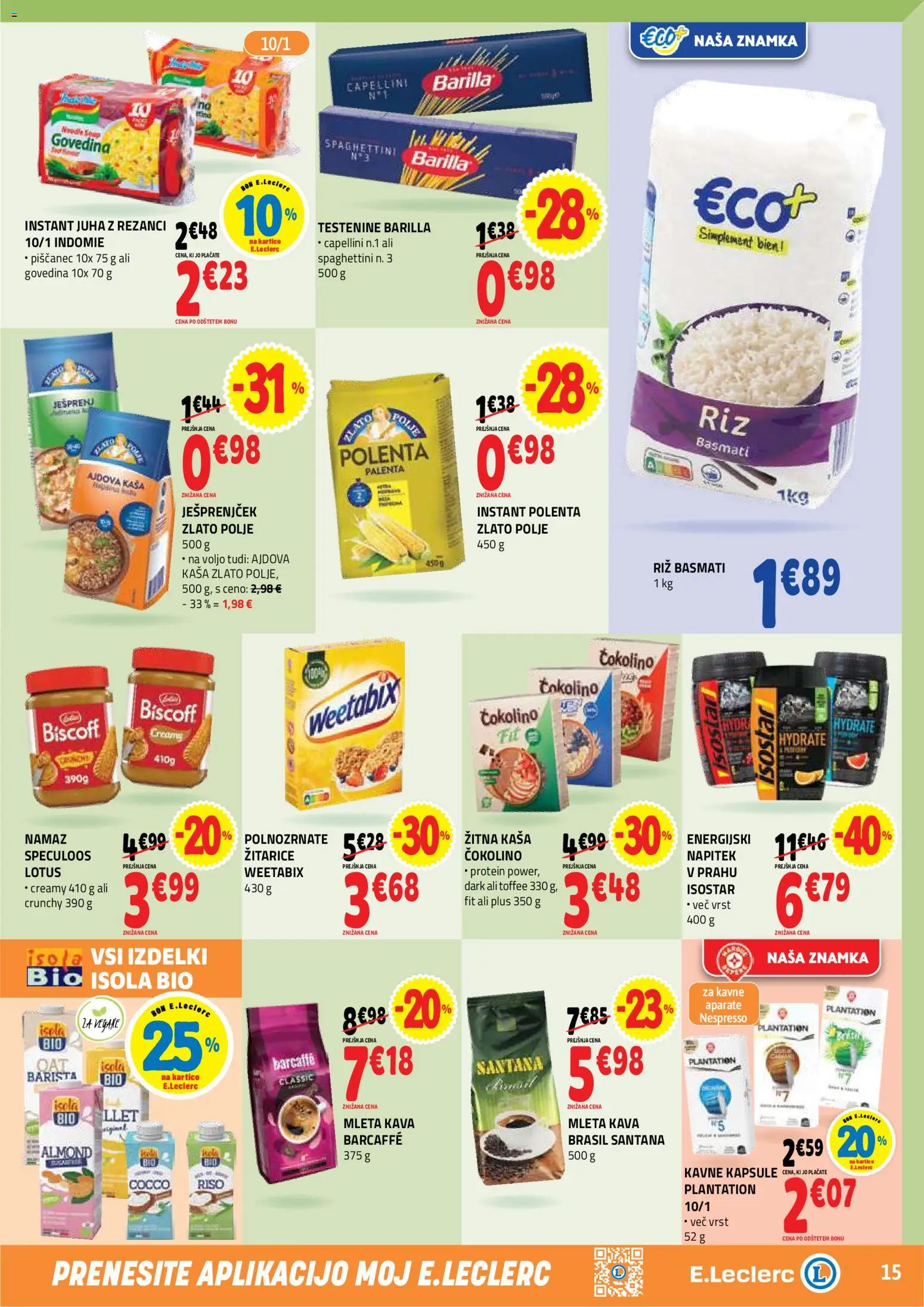 Novi E.leclerc katalog ponudbe – veljaven od 19.08.2026 | Stran: 15 | Izdelki: Rezanci, Barilla, Kavne kapsule, Polenta