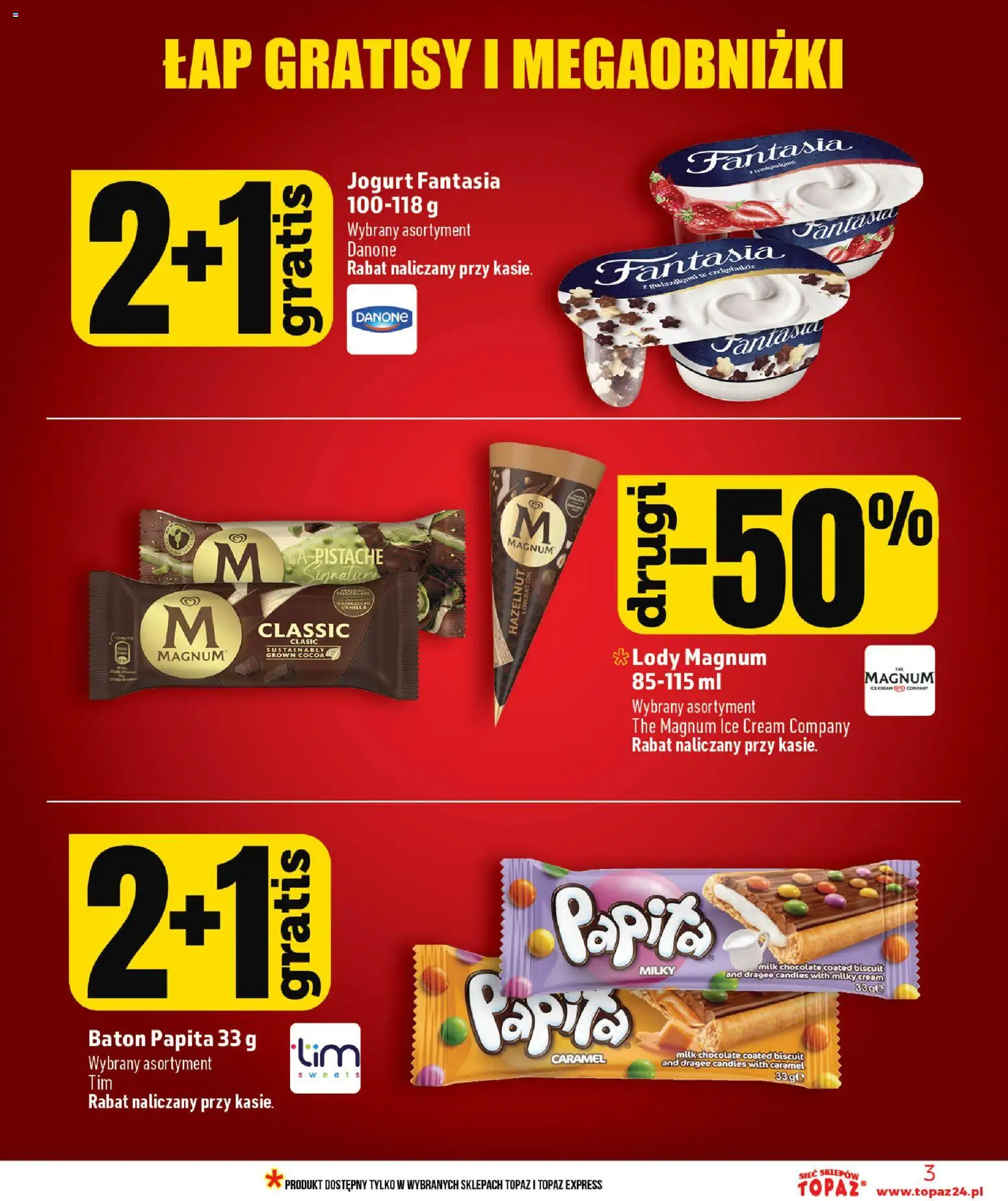 Topaz gazetka - MAZ od 02.07.2026 | Strona: 3 | Produkty: Baton, Jogurt, Lody Magnum, Lody