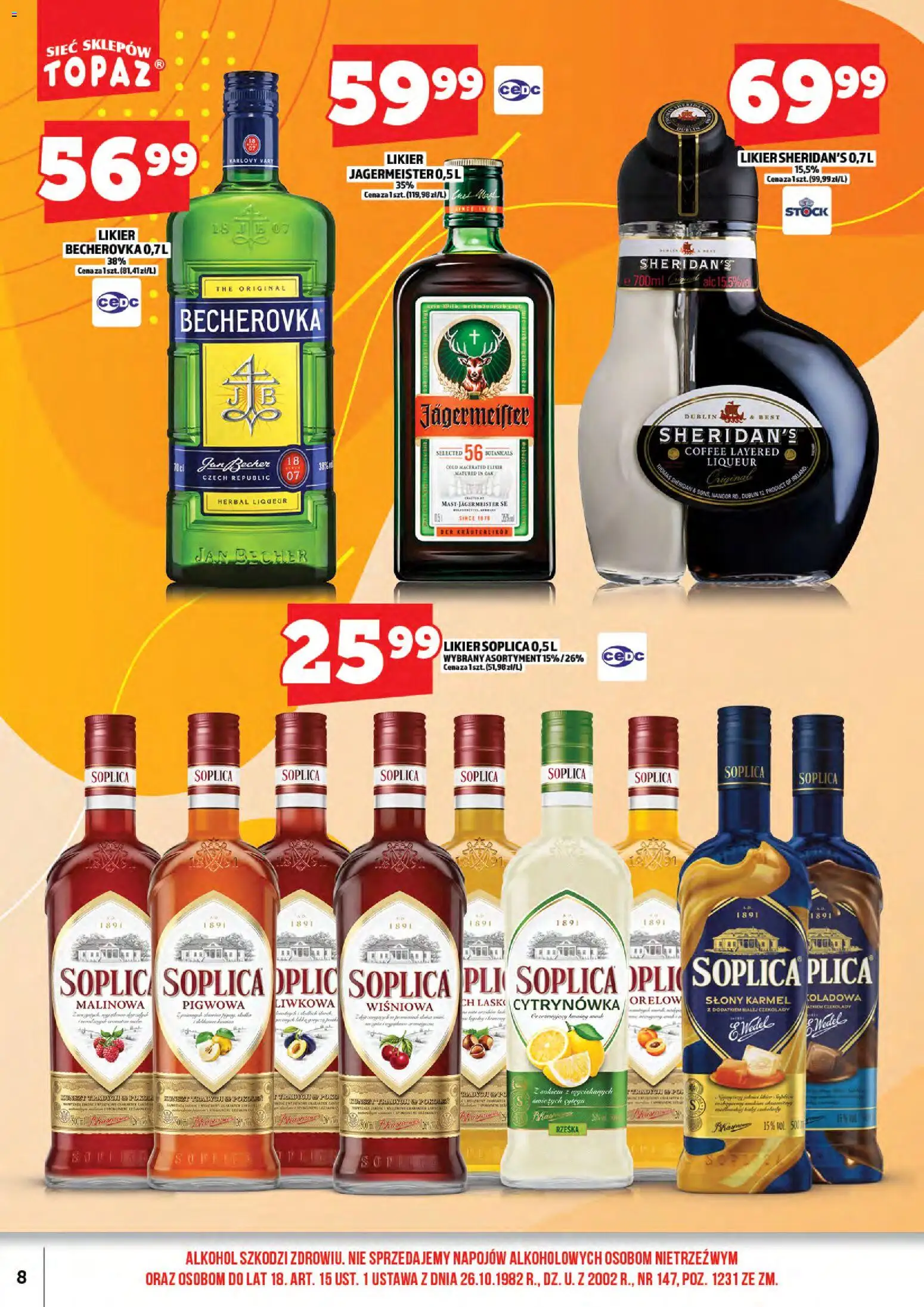 Topaz gazetka alkoholowa od 01.06.2026 | Strona: 10 | Produkty: Likier Sheridan's, Becherovka, Jagermeister, Alkohol