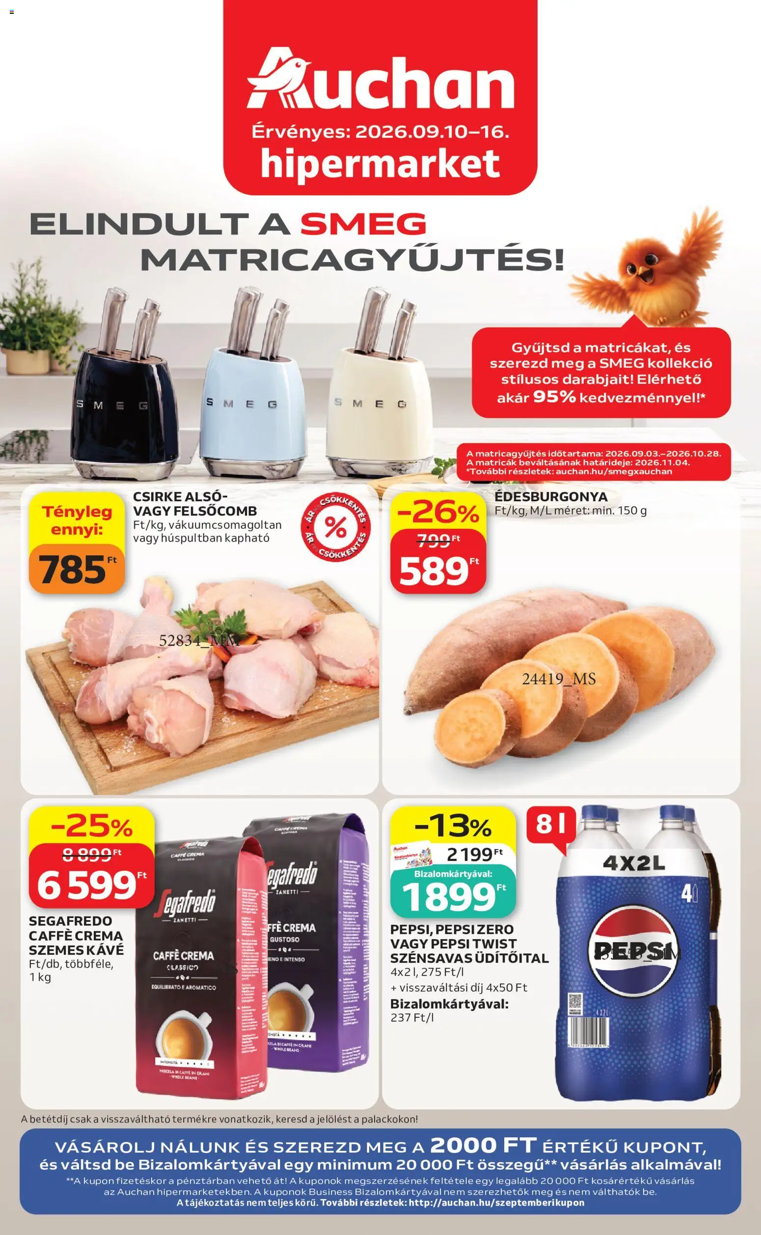 Auchan akciós ujság - amely érvényes a következő dátumtól: 2026.09.10. | Oldal: 1 | Termékek: Pepsi Zero, Pepsi, Csirke, Édesburgonya