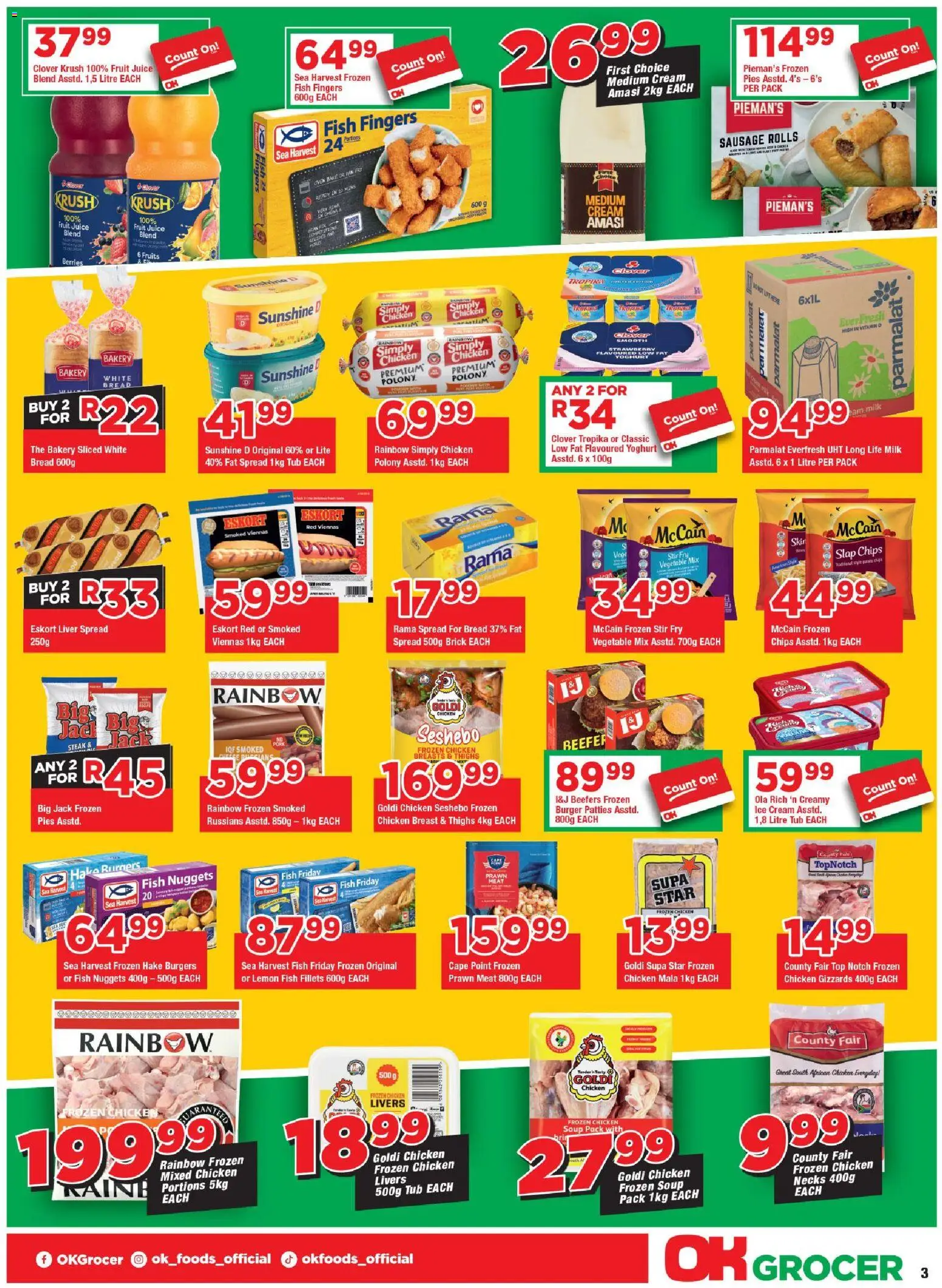 New OK Foods catalogue – valid from 24.04.2026 | Page: 3 | Products: Bakery, Steak, Juice, Fish