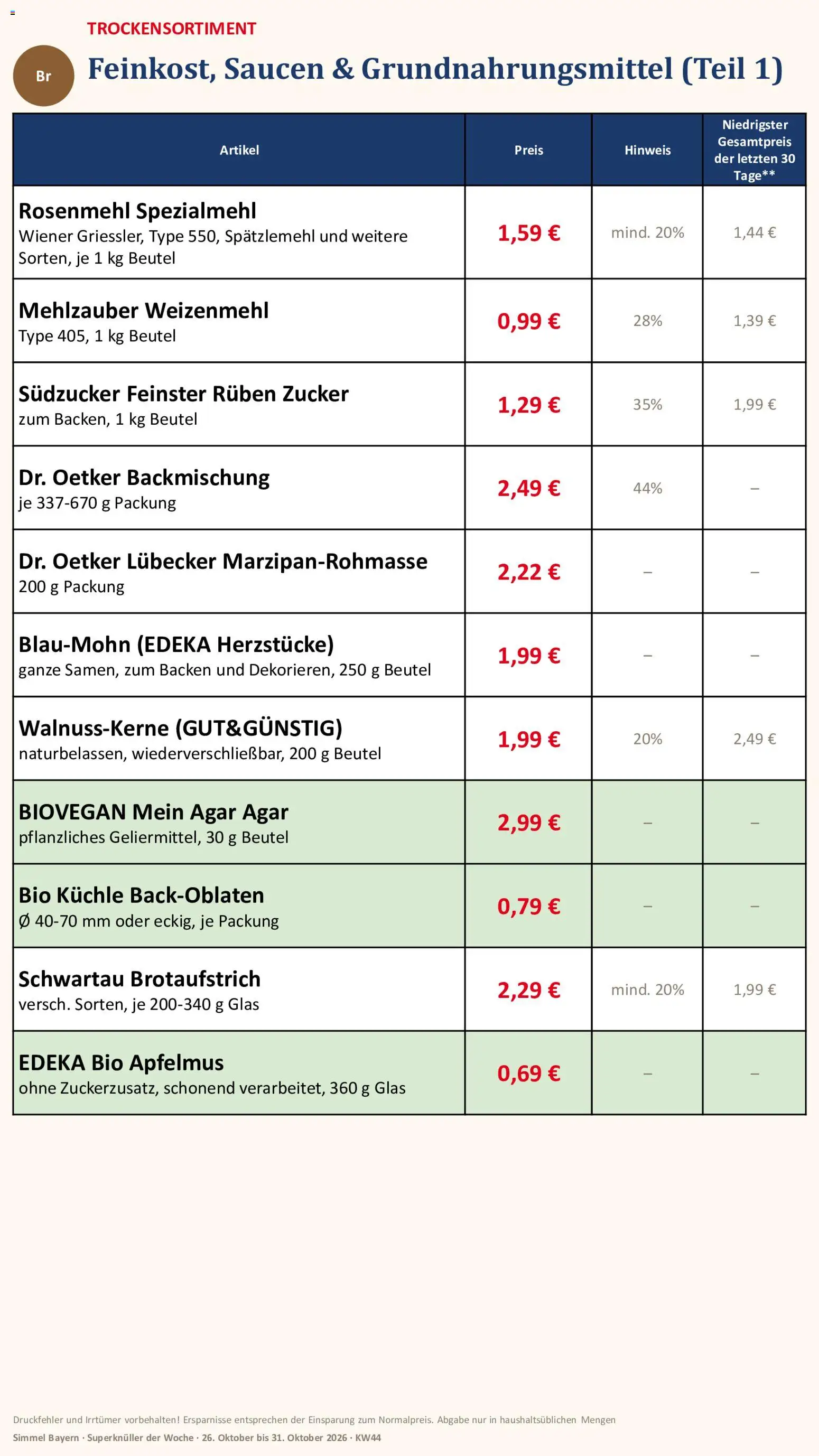 Simmel Bayern – gültig ab 26.10.2026 | Seite: 9 | Produkte: Weizenmehl, Zucker, Apfelmus