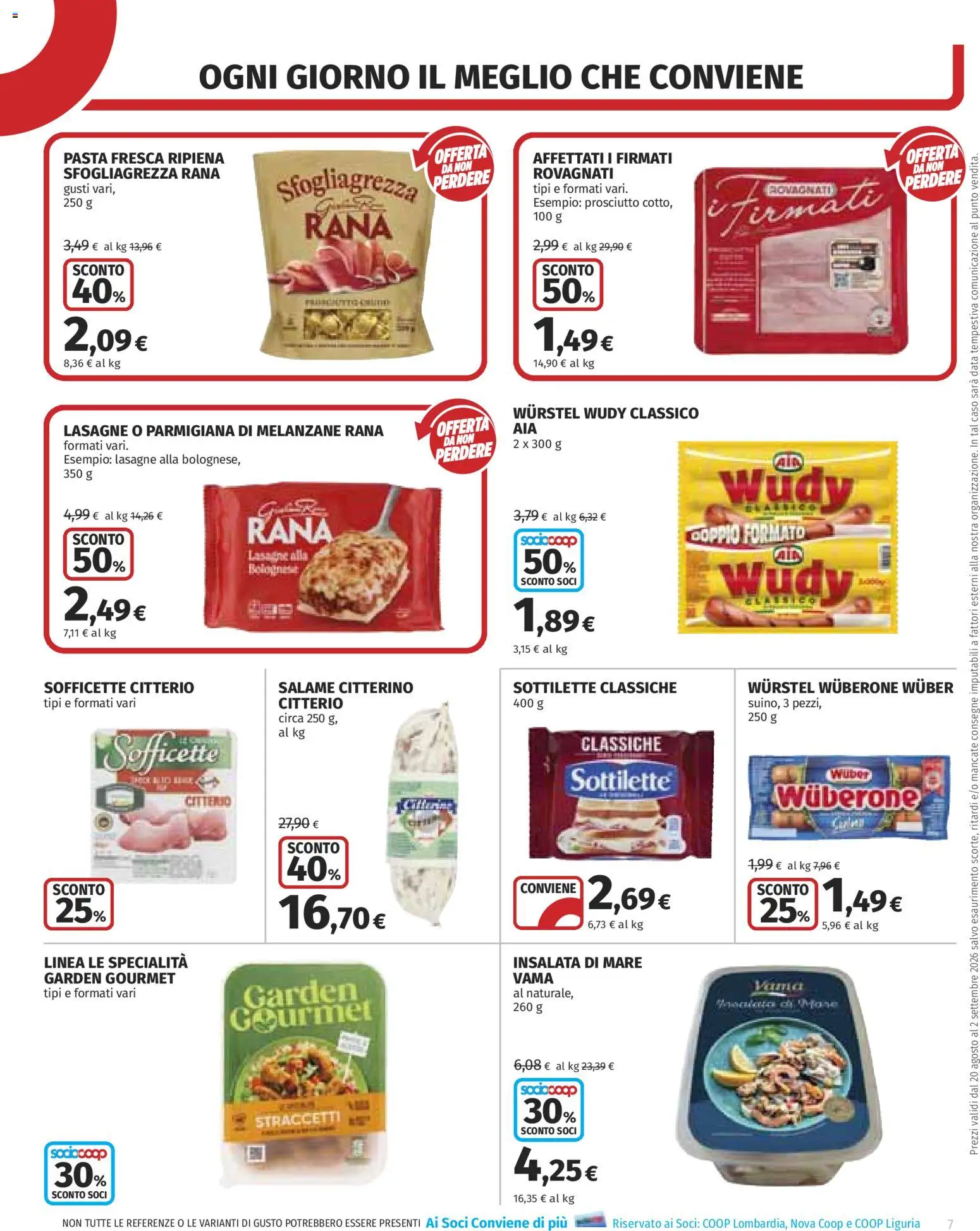 Volantino COOP del 20/08/2026 | Pagina: 7 | Prodotti: Insalata, Prosciutto, Pasta, Wurstel