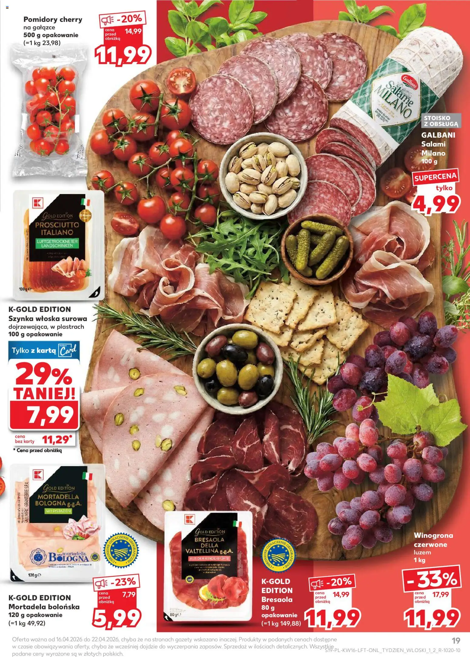 Kaufland Polsko leták od 16.04.2026 | Strana: 19 | Produkty: Prosciutto, Med, Bresaola, Karty
