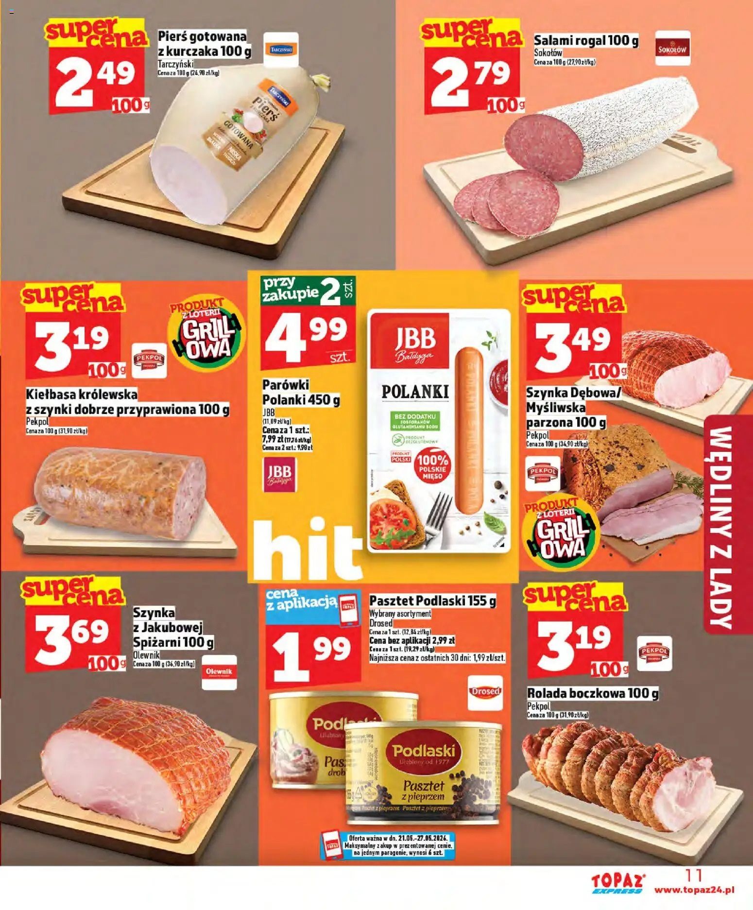 Topaz gazetka - Express od 21.05.2026 | Strona: 11 | Produkty: Myśliwska, Parówki, Szynka, Salami