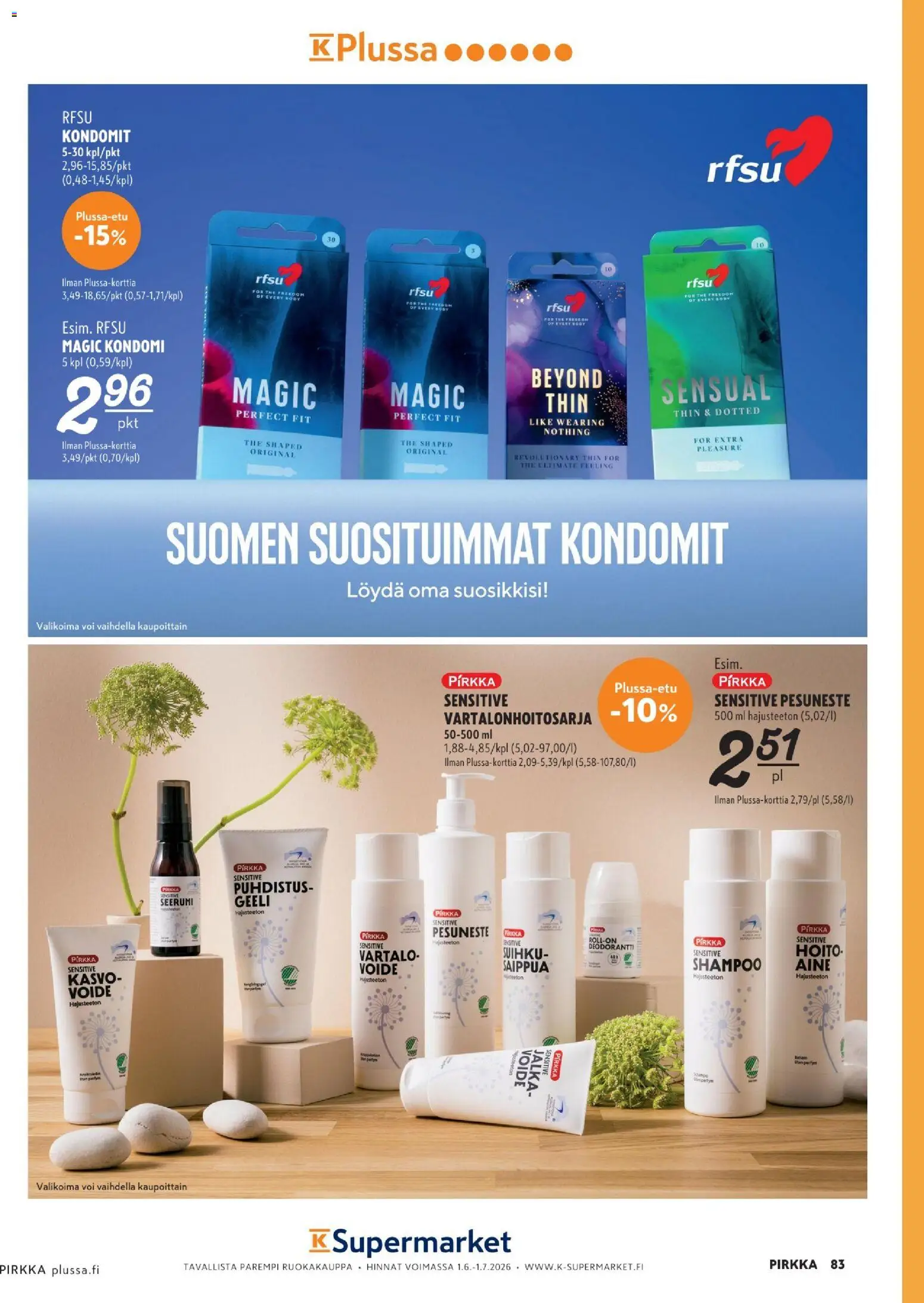 K-Market tarjoukset - Pirkka – voimassa 10.06.2026 alkaen | Sivu: 83 | Tuotteet: Shampoo, Seerumi, Kondomit, Voi