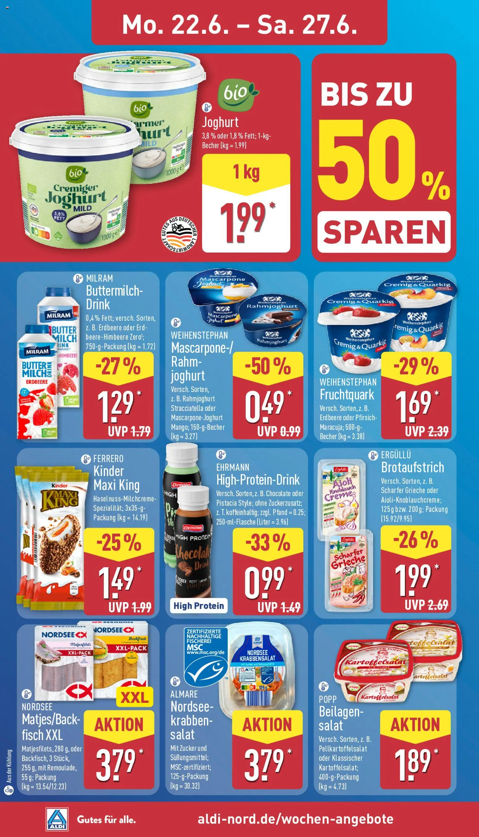 Aldi Prospekt – gültig ab 22.06.2026 | Seite: 8 | Produkte: Weihenstephan butter, Fisch, Milram, Himbeere