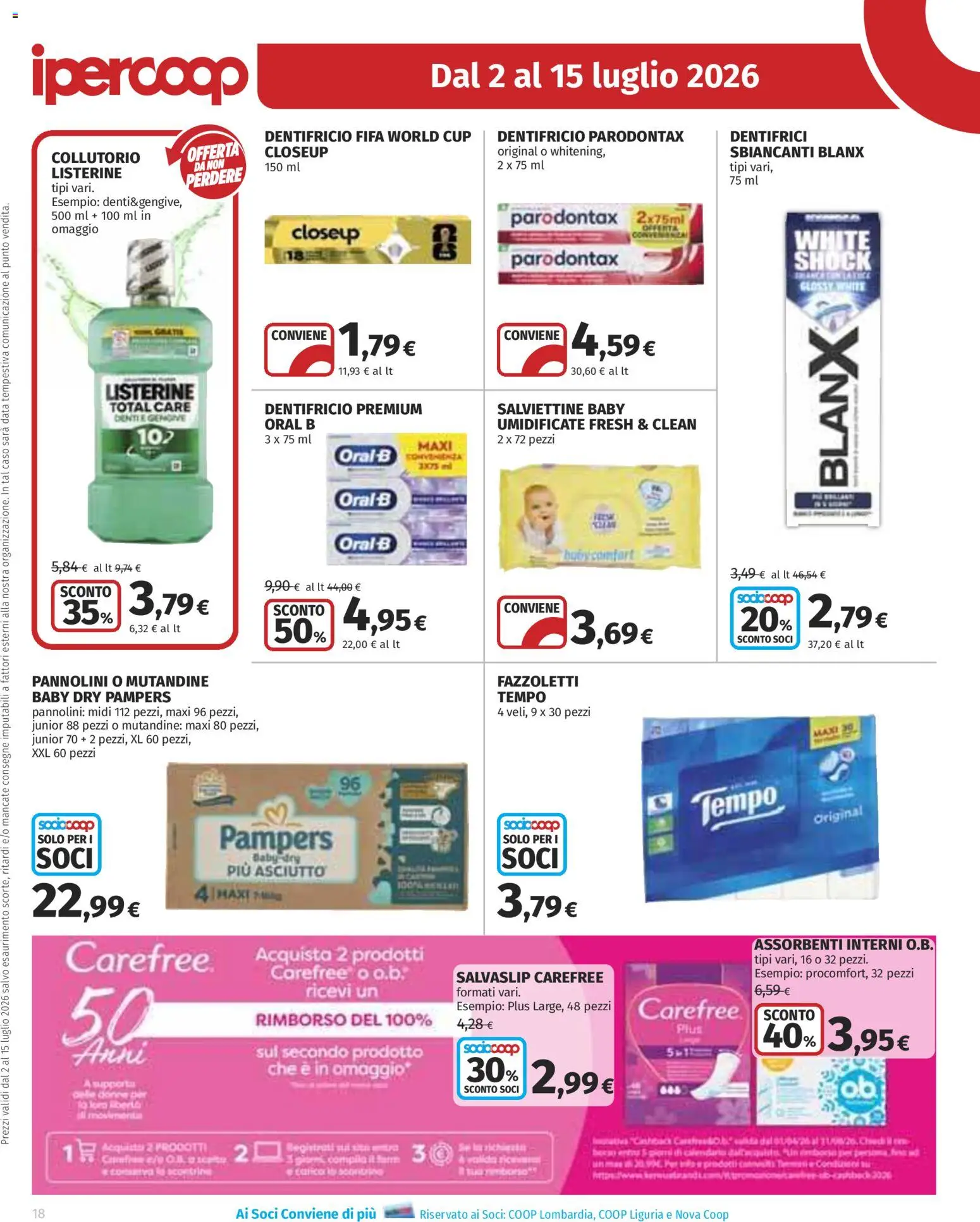 Volantino Ipercoop del 02/07/2026 | Pagina: 18 | Prodotti: Pannolini, Fazzoletti, Mutandine, Data