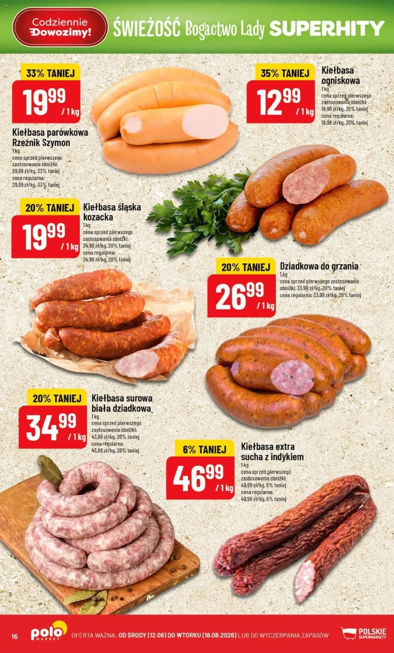 Nowa POLOmarket gazetka od jutra 12.08.2026 | Strona: 16 | Produkty: Kiełbasa, Kiełbasa śląska