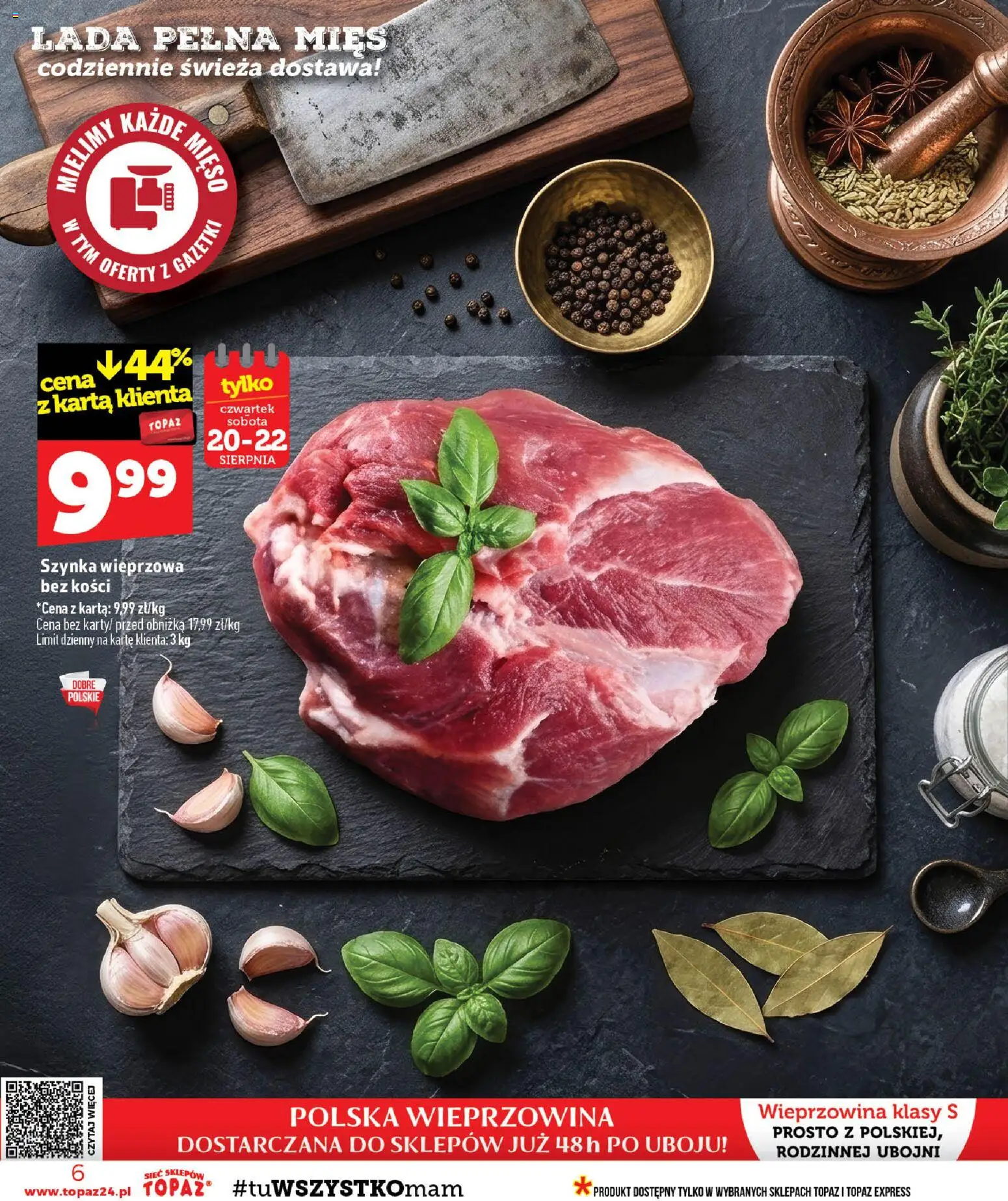 Topaz gazetka - MAZ od 20.08.2026 | Strona: 6 | Produkty: Karta, Szynka wieprzowa, Szynka, Wieprzowina