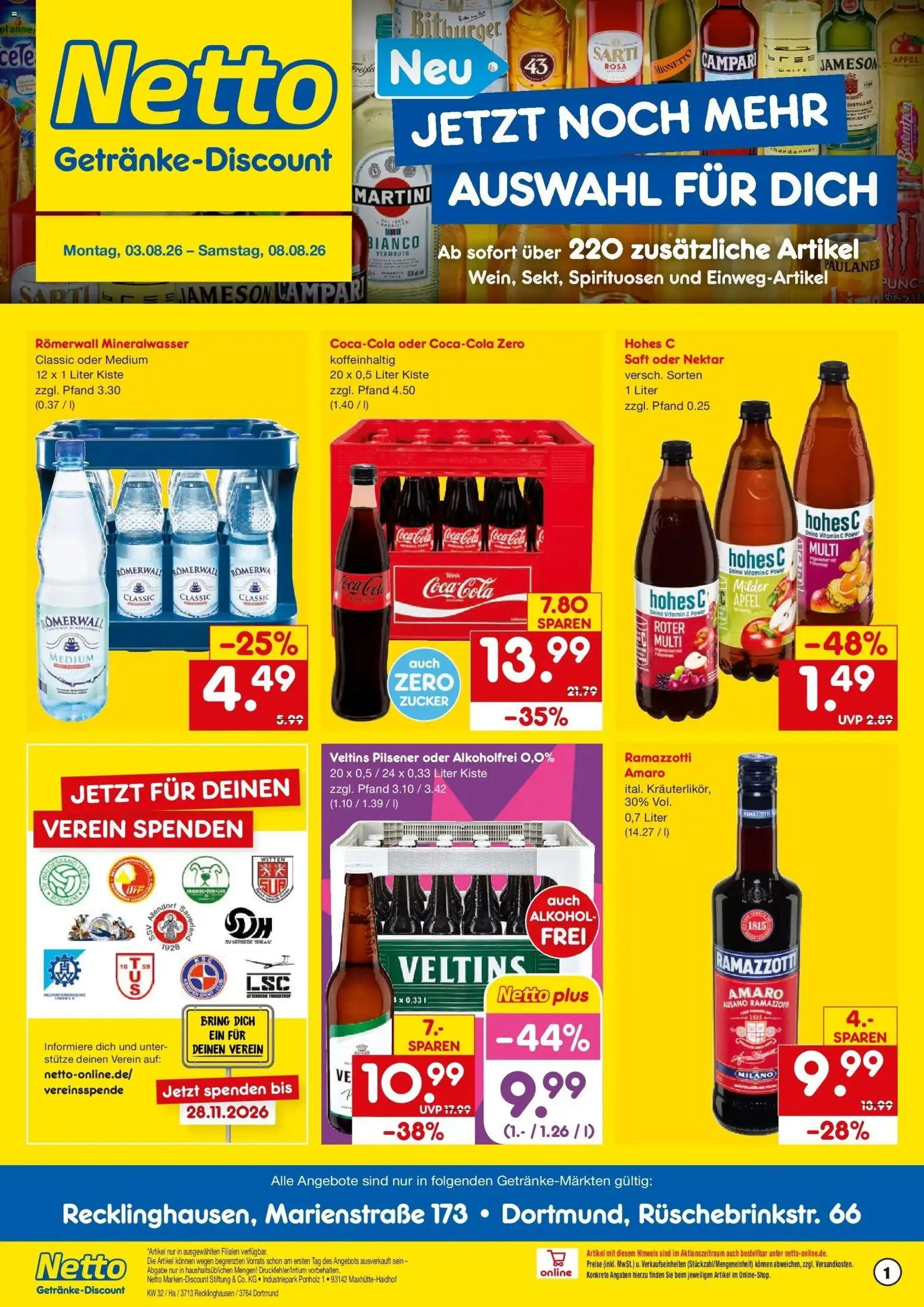 Netto Marken-Discount Prospekt Dortmund – gültig ab 03.08.2026 | Seite: 1 | Produkte: Bitburger, Äpfel, Saft, Veltins