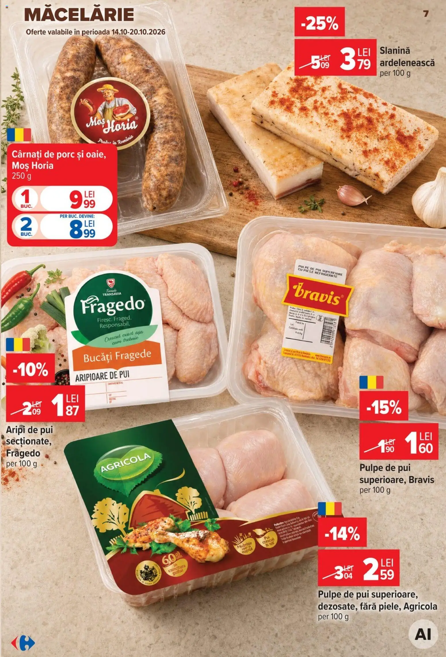 Noul catalog Carrefour – valabil de la 14.10.2026 | Pagină: 7 | Produse: Slanina, Carnati de porc, Agricola, Pui