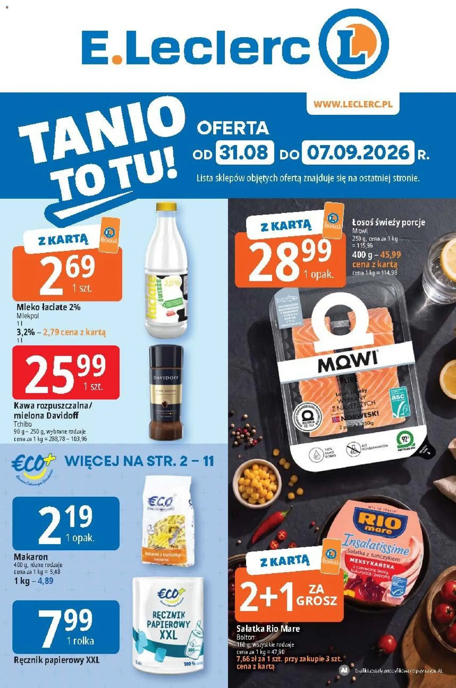 E.Leclerc gazetka od 31.08.2026 | Strona: 1 | Produkty: Łosoś, Papryka, Mleko, Sałatka