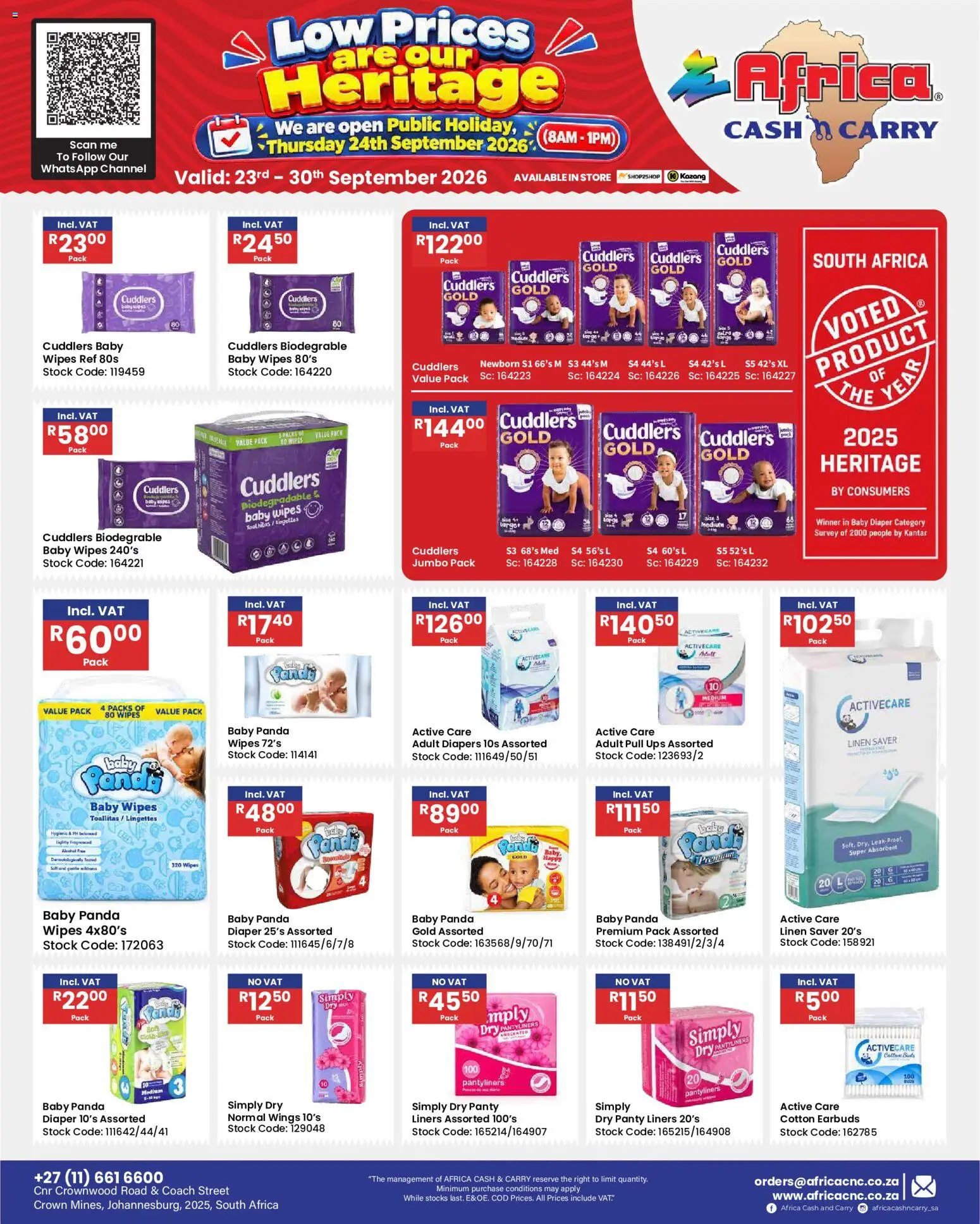 New Africa Cash & Carry catalogue – valid from 23/09/2026 | Page: 72 | Products: Earbuds, Diapers, Stock, Panty liners