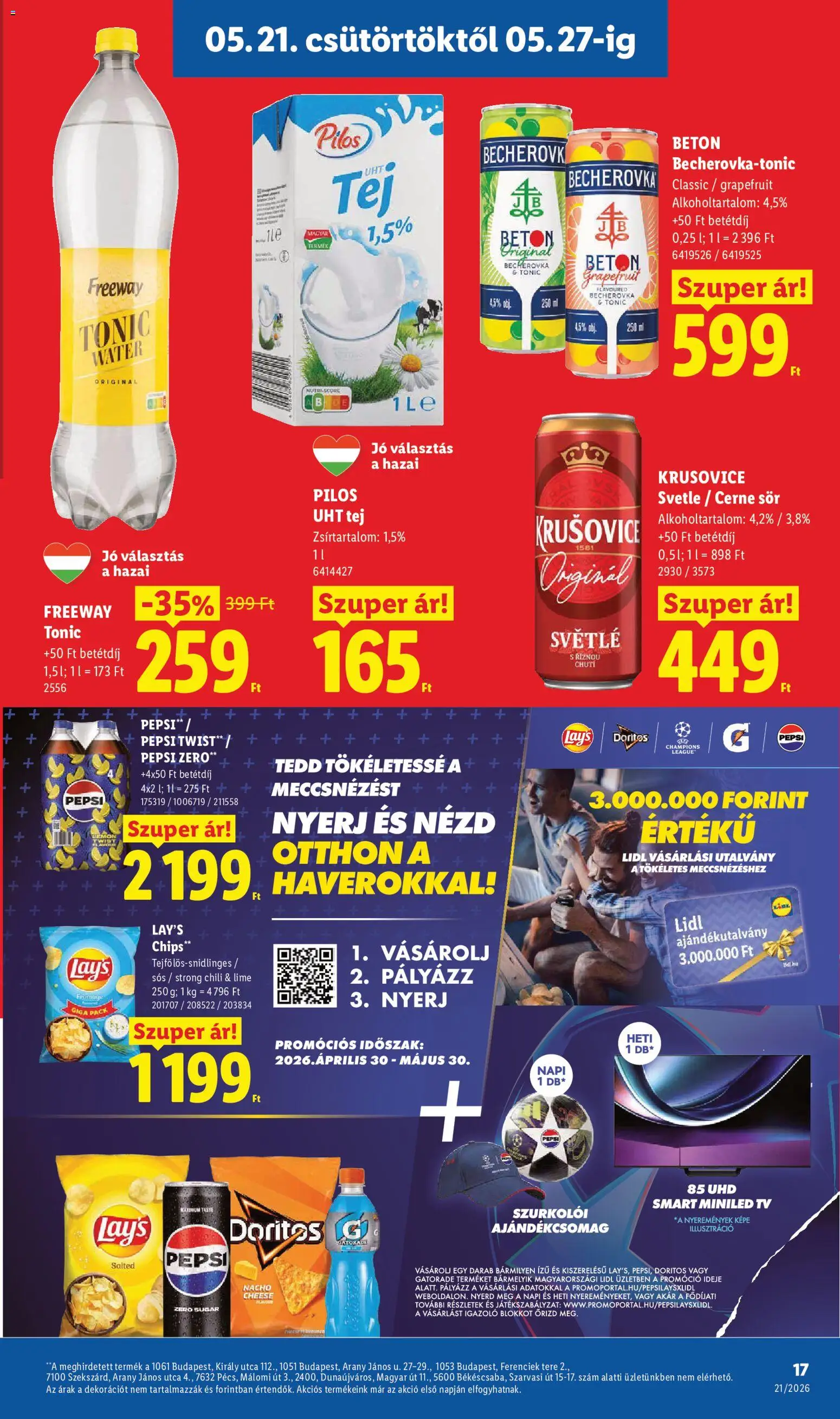 Lidl akciós ujság - amely érvényes a következő dátumtól: 21.05.2026 | Oldal: 17 | Termékek: Beton, Krusovice, Smart tv, Sör
