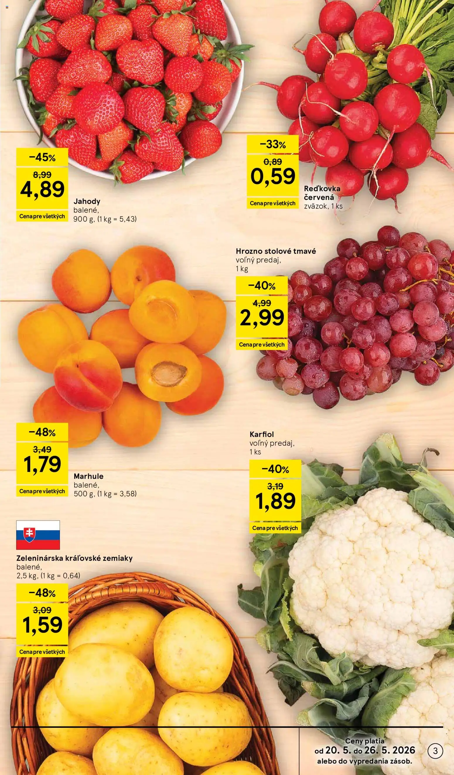 Nové Tesco akcie – leták je platný od 20.05.2026 | Strana: 3 | Produkty: Karfiol, Jahody, Marhule, Hrozno