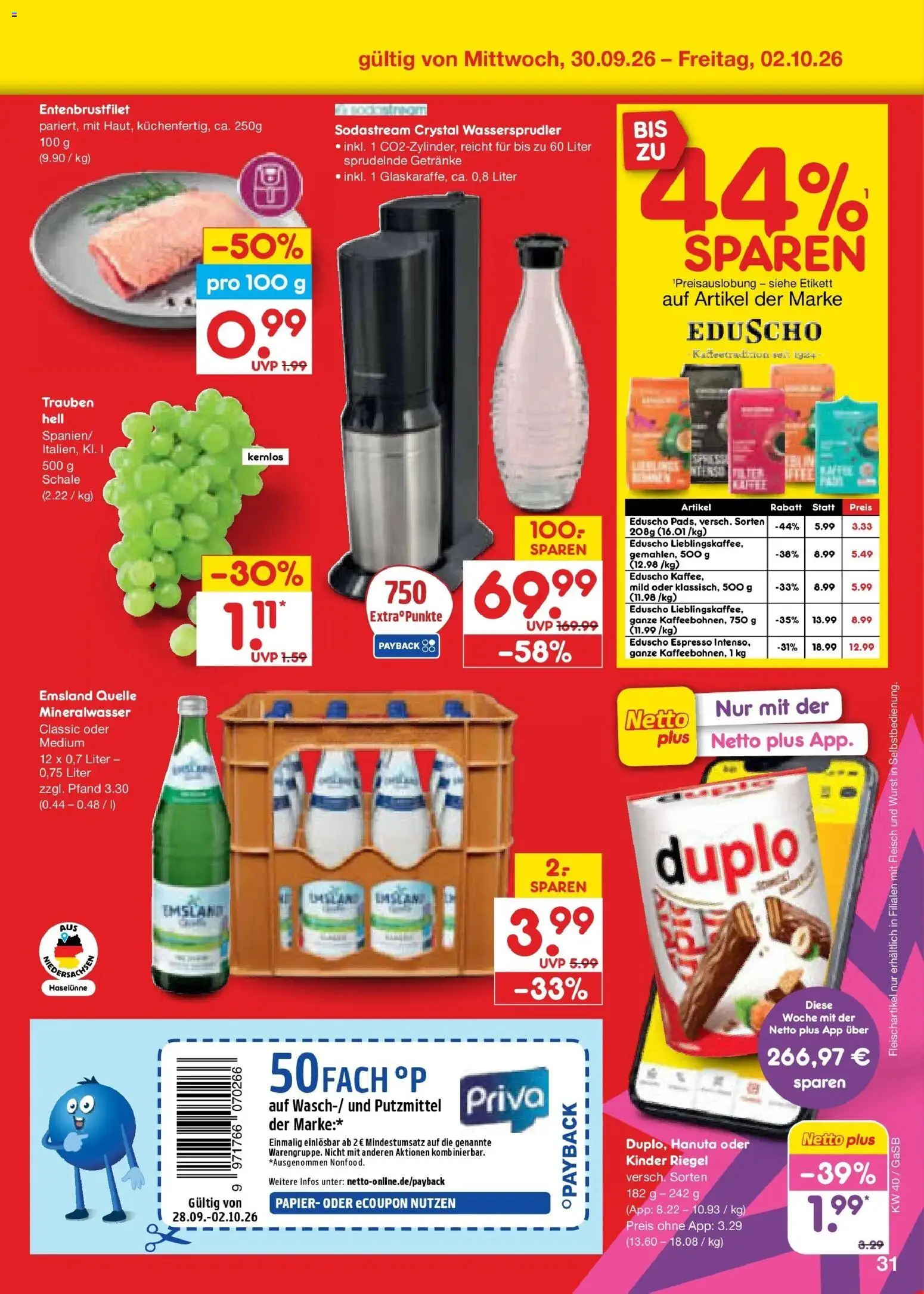 Netto Marken-Discount Prospekt Oldenburg – gültig ab 28.09.2026 | Seite: 49 | Produkte: Kinder riegel, Mineralwasser, Wurst, Sodastream