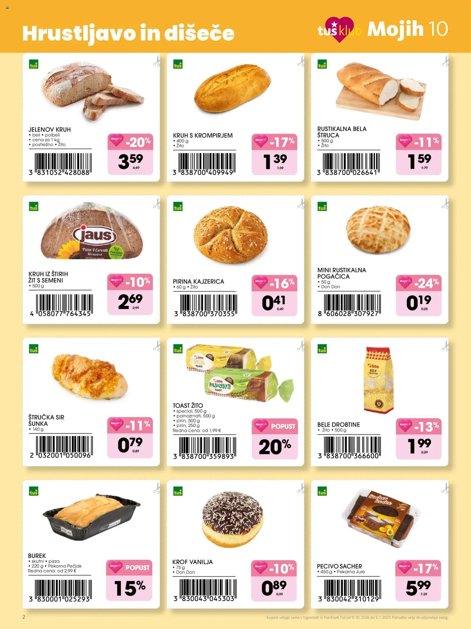 Novi Tuš katalog ponudbe – veljaven od 09.10.2026 | Stran: 2 | Izdelki: Toast, Sir, Kruh, Sunka