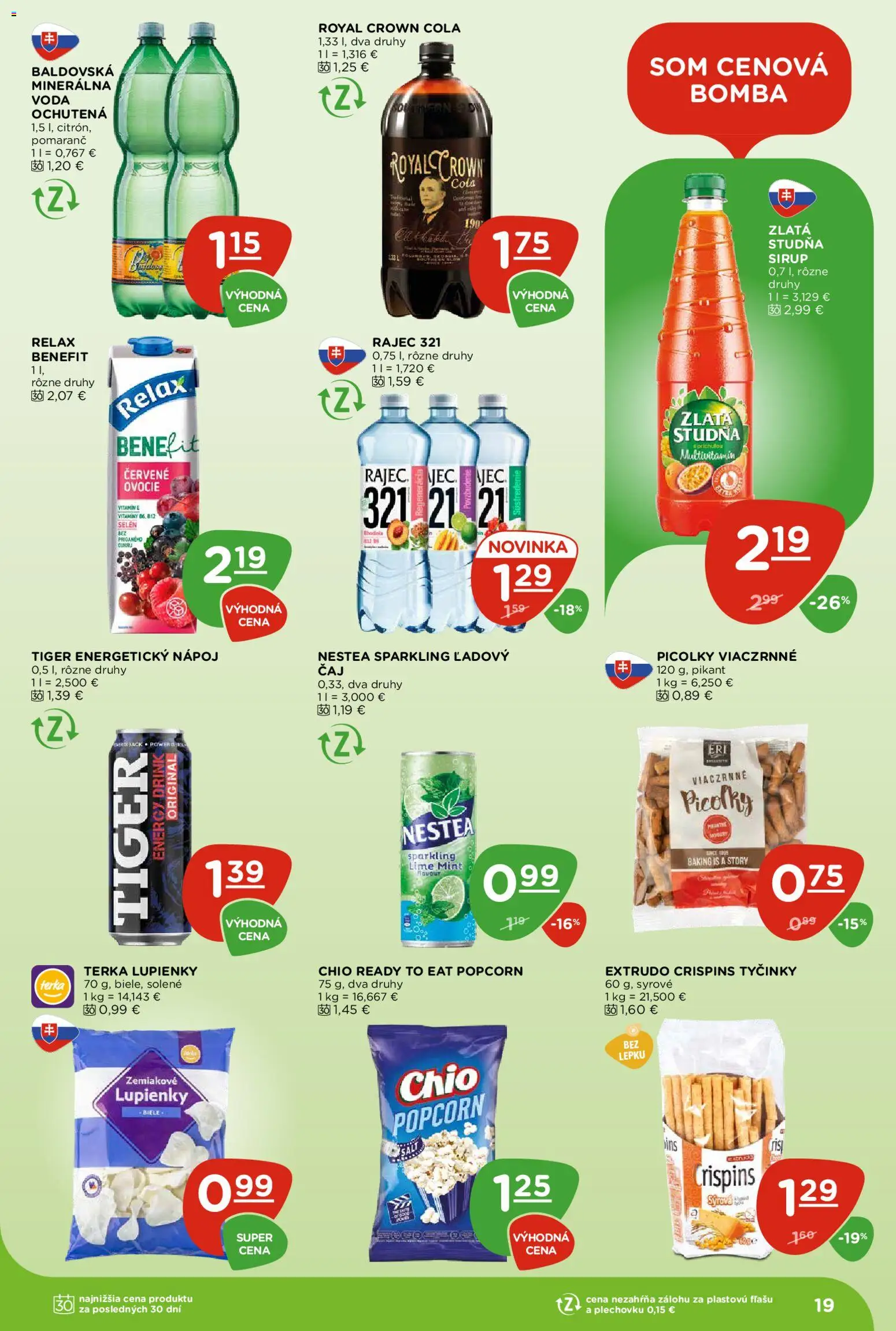 Nové Terno akcie – leták je platný od 18.06.2026 | Strana: 19 | Produkty: Minerálna voda, Baldovská, Energetický nápoj, Ovocie