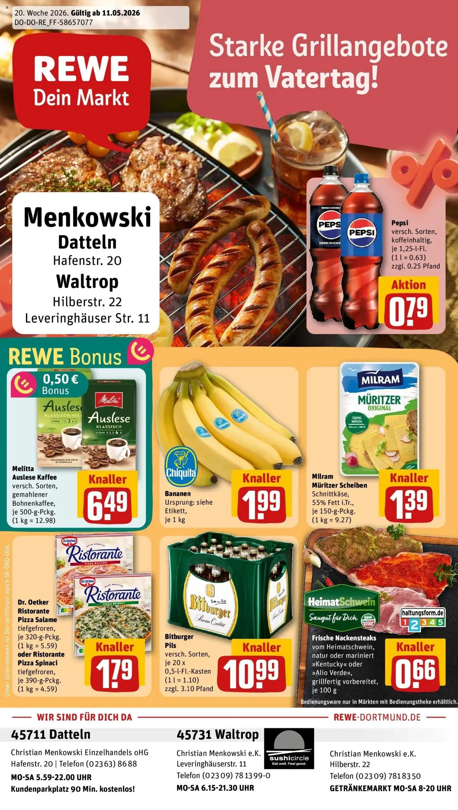 Rewe Prospekt Datteln	 – gültig ab 10.05.2026 | Seite: 1 | Produkte: Bananen, Pizza, Telefon, Uhr