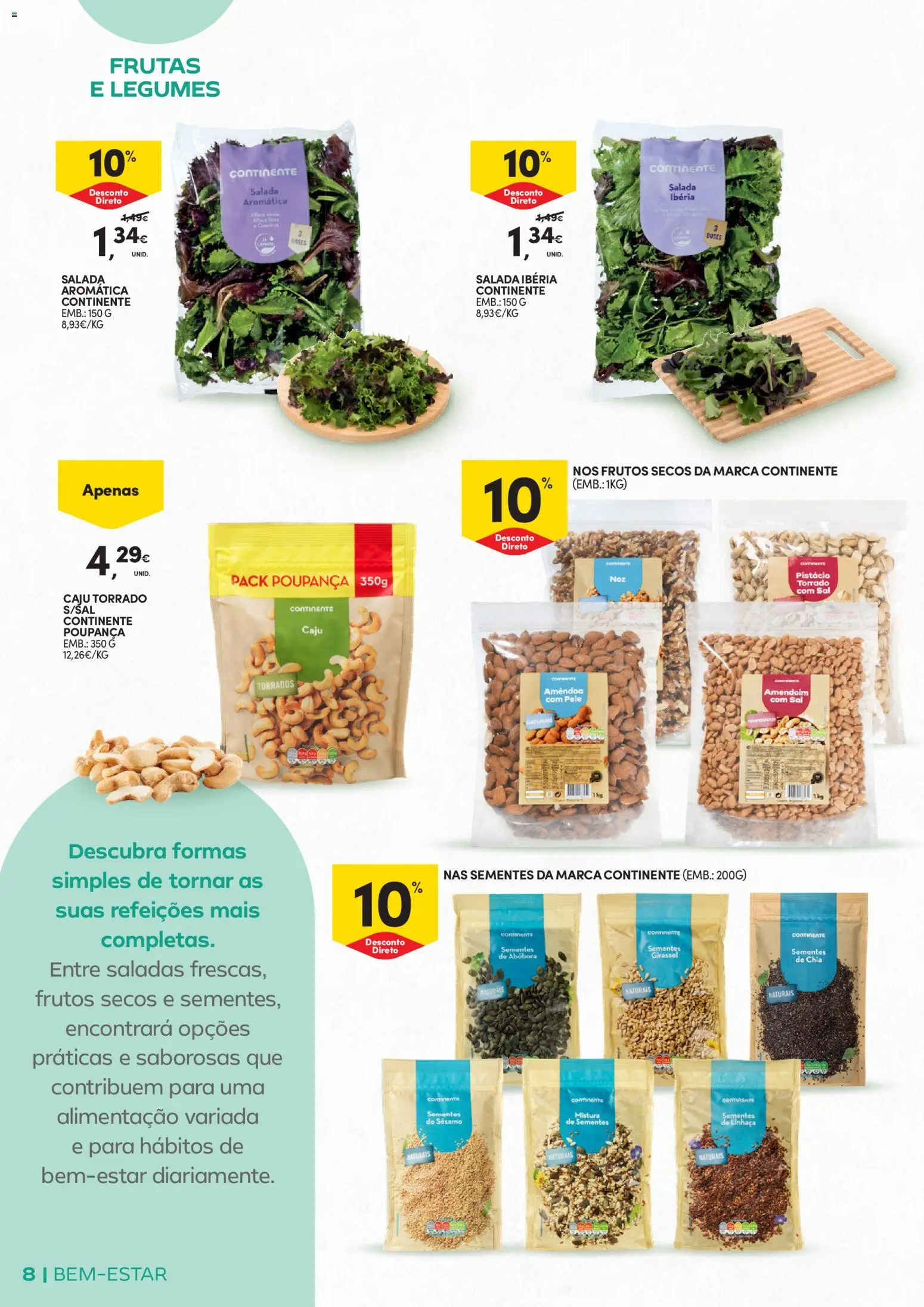 Continente Bem-Estar Assim toda a gente come melhor │ válido de 20/10/2026 | Página: 8 | Produtos: Legumes, Frutos secos, Sal, Caju