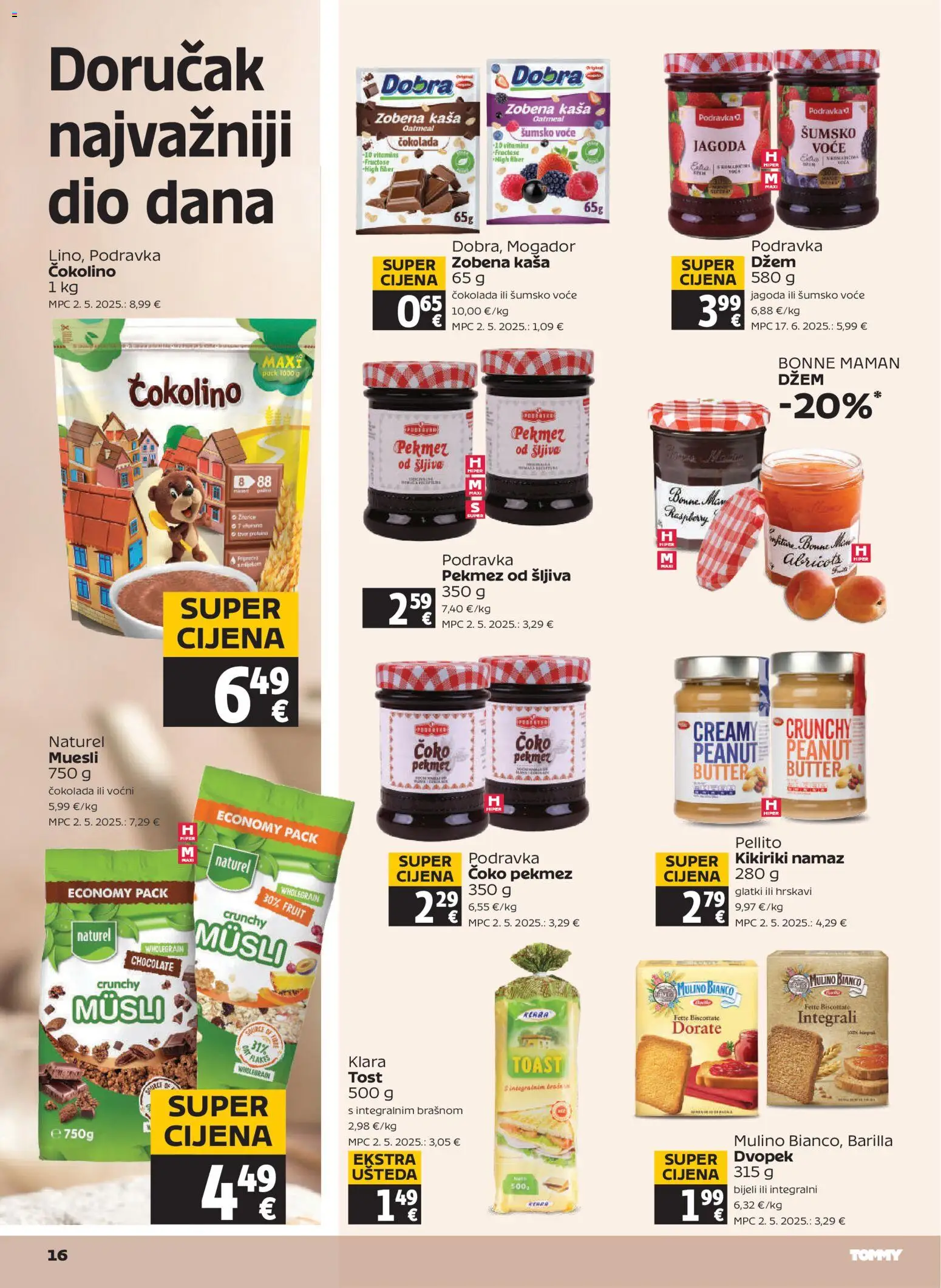Tommy katalog | vrijedi od 28.05.2026 | Stranica: 16 | Proizvodi: Dvopek, Musli, Šljiva, Barilla