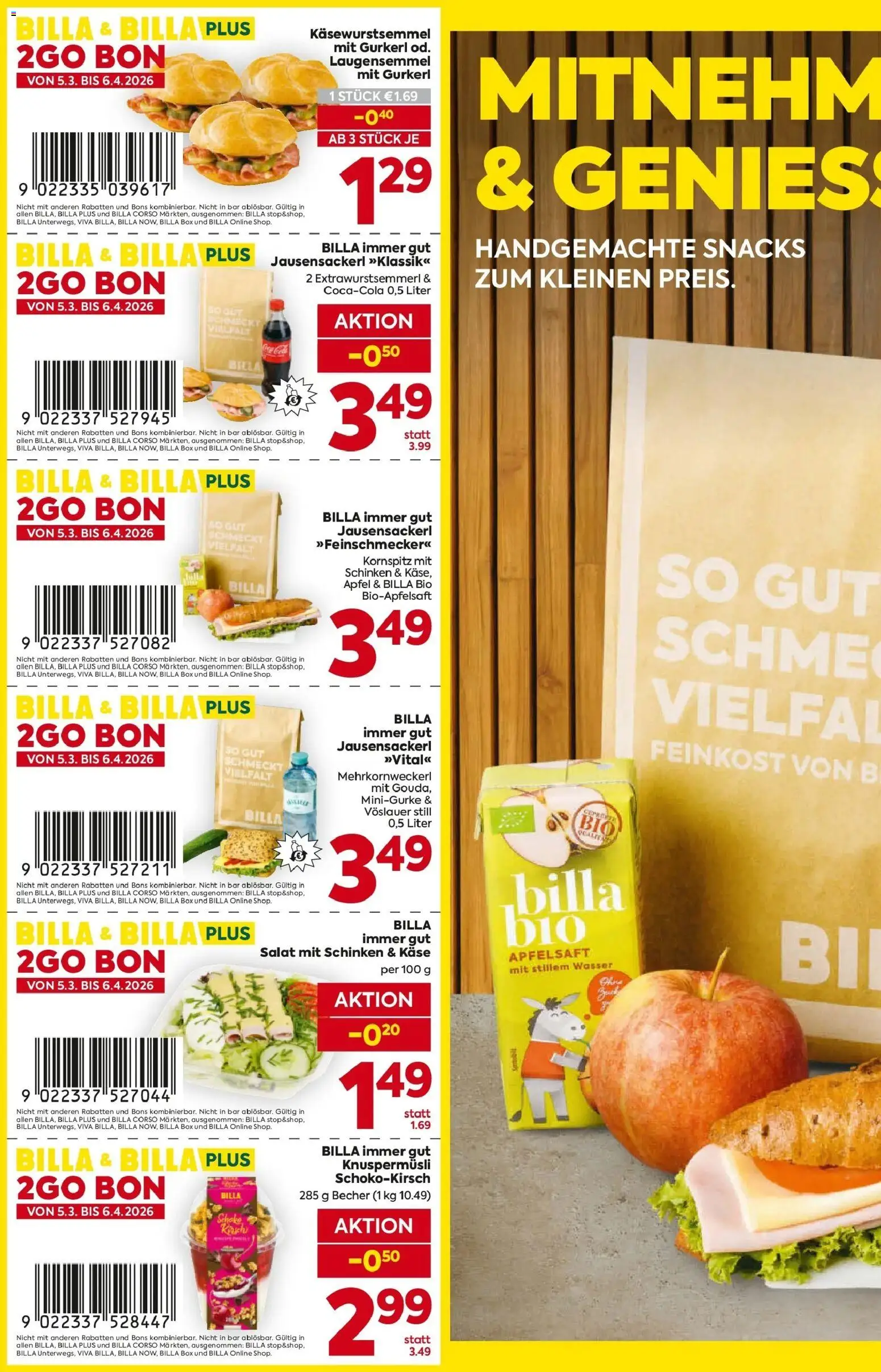 Billa 2Go Bons gültig ab 05.03.2026 | Seite: 2 | Produkte: Salat, Planche de surf, Käse, Äpfel