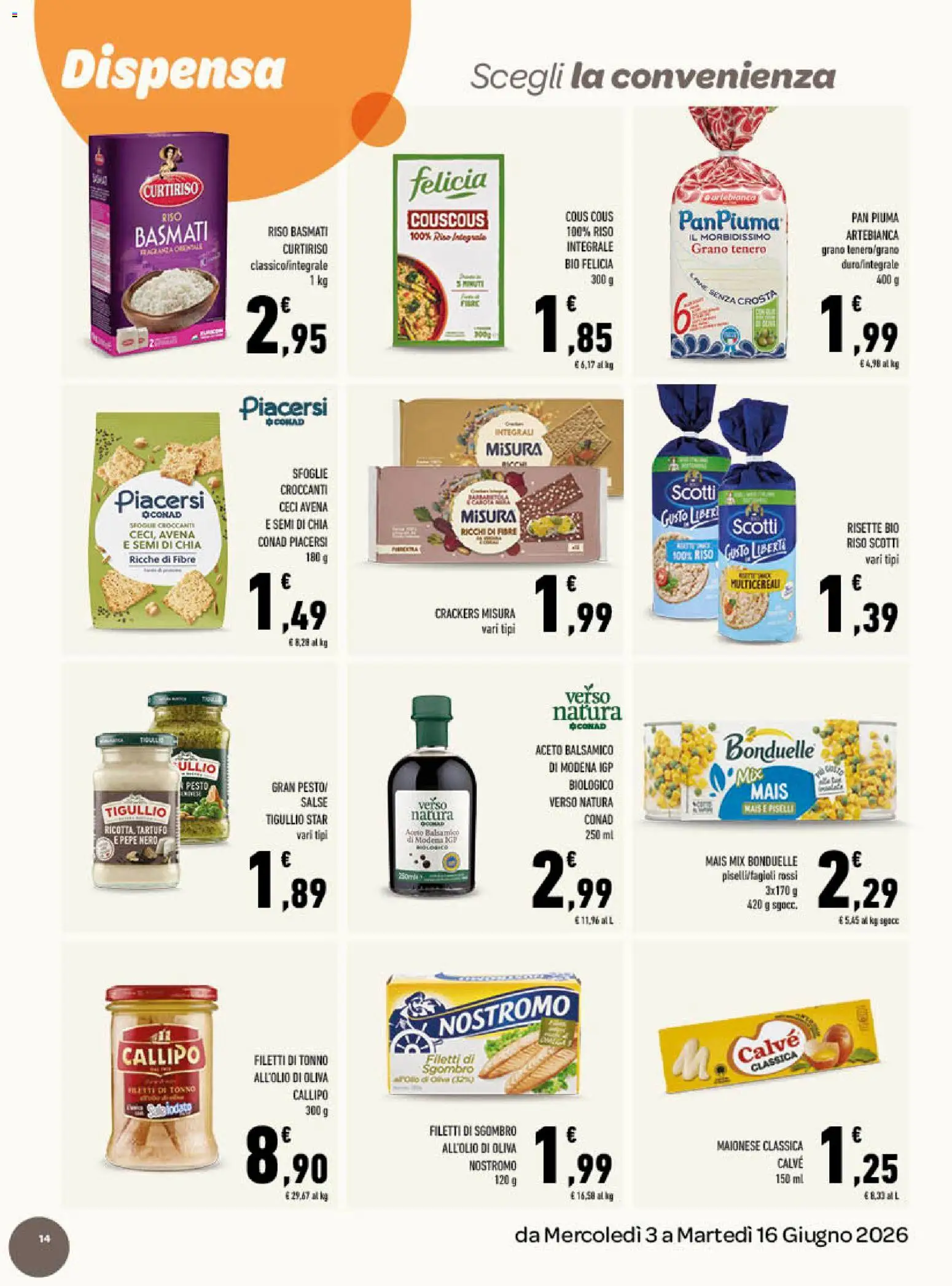 Volantino Conad del 03.06.2026 | Pagina: 14 | Prodotti: Riso, Crackers, Pesto, Mais