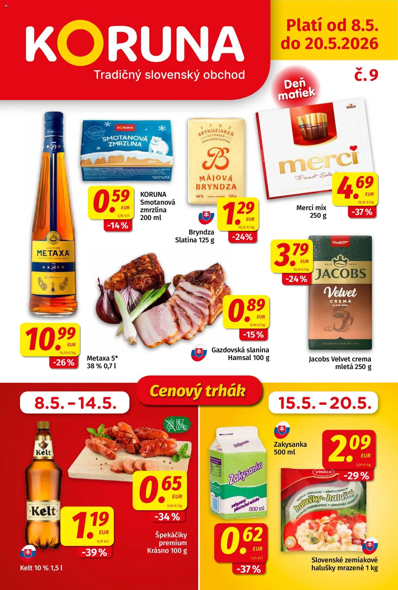 Nové Koruna akcie – leták je platný od 08.05.2026 | Strana: 1 | Produkty: Káva, Kelt, Merci, Bryndza